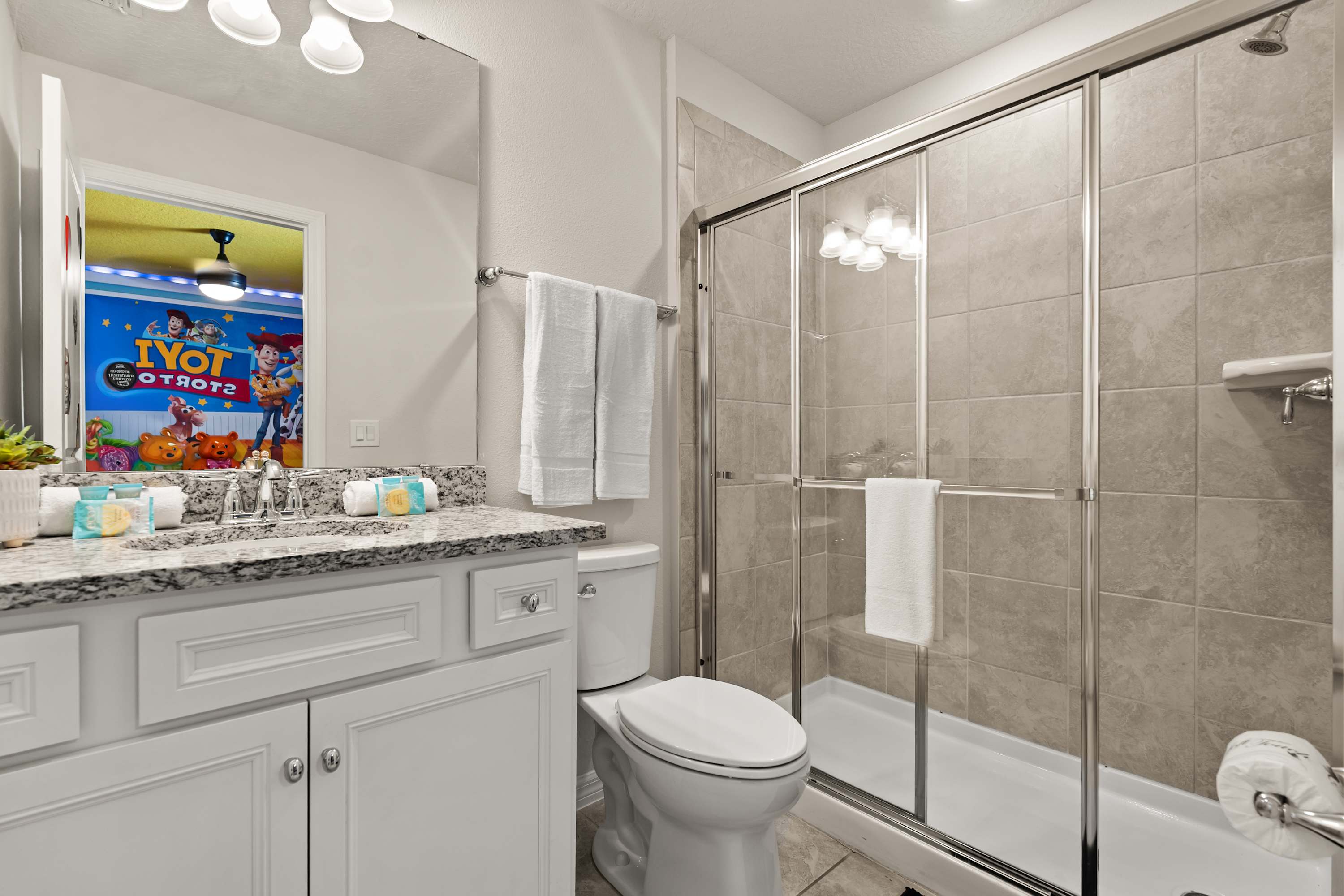 Bathroom with walk-in shower, perfect for easy, fun, and kid-friendly refresh