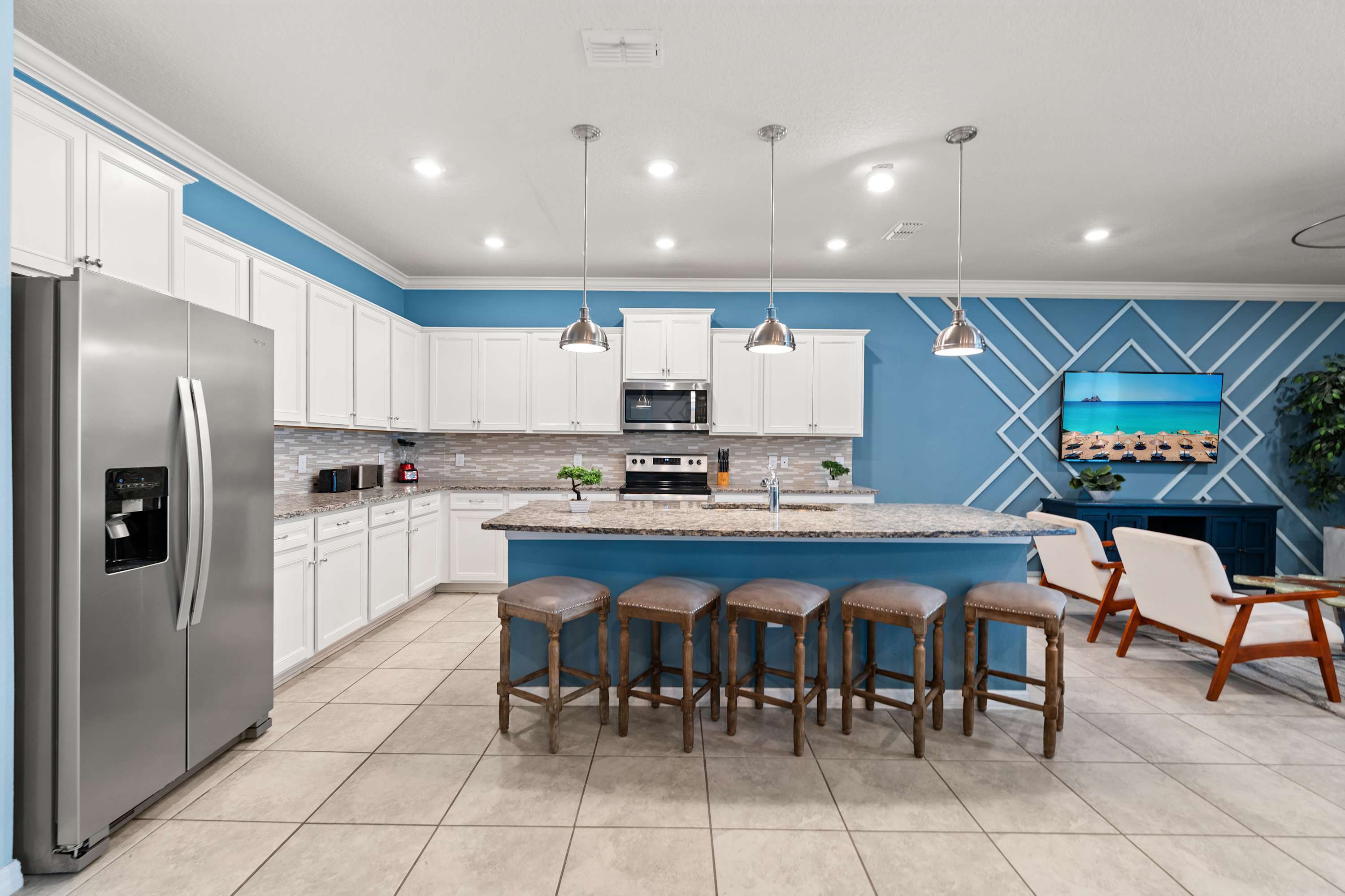 Kitchen island with high chairs for casual meals, chatting, or extending dining and relaxing together