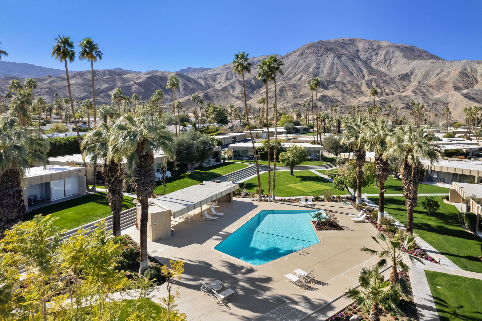 Community pool framed by palms and mountain views.