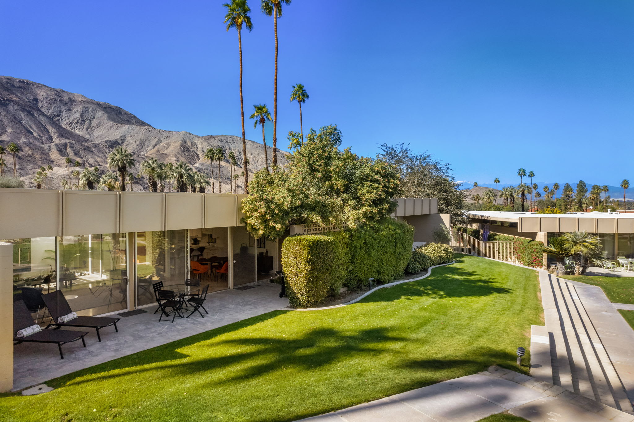 Rear grounds with a lawn, palms and mountain views beside the house.