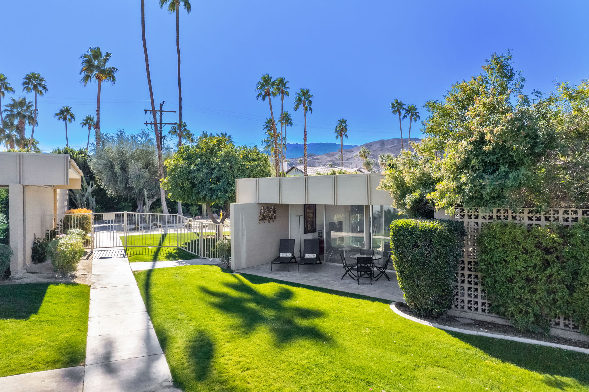 Shared rear lawn and pathway outside the single-story home.