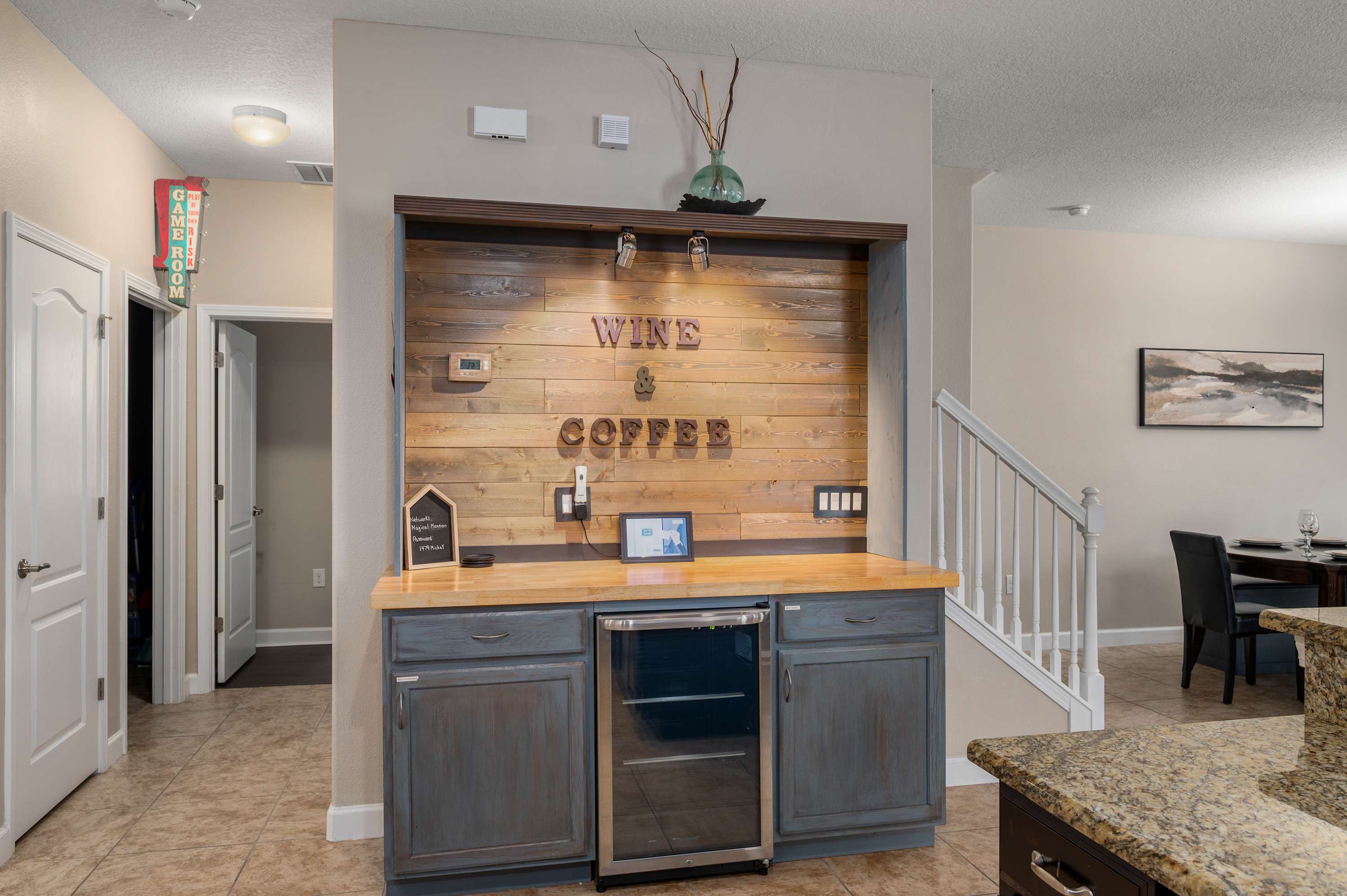 Coffee bar nook w/ mini fridge & extra counter space for easy morning drinks