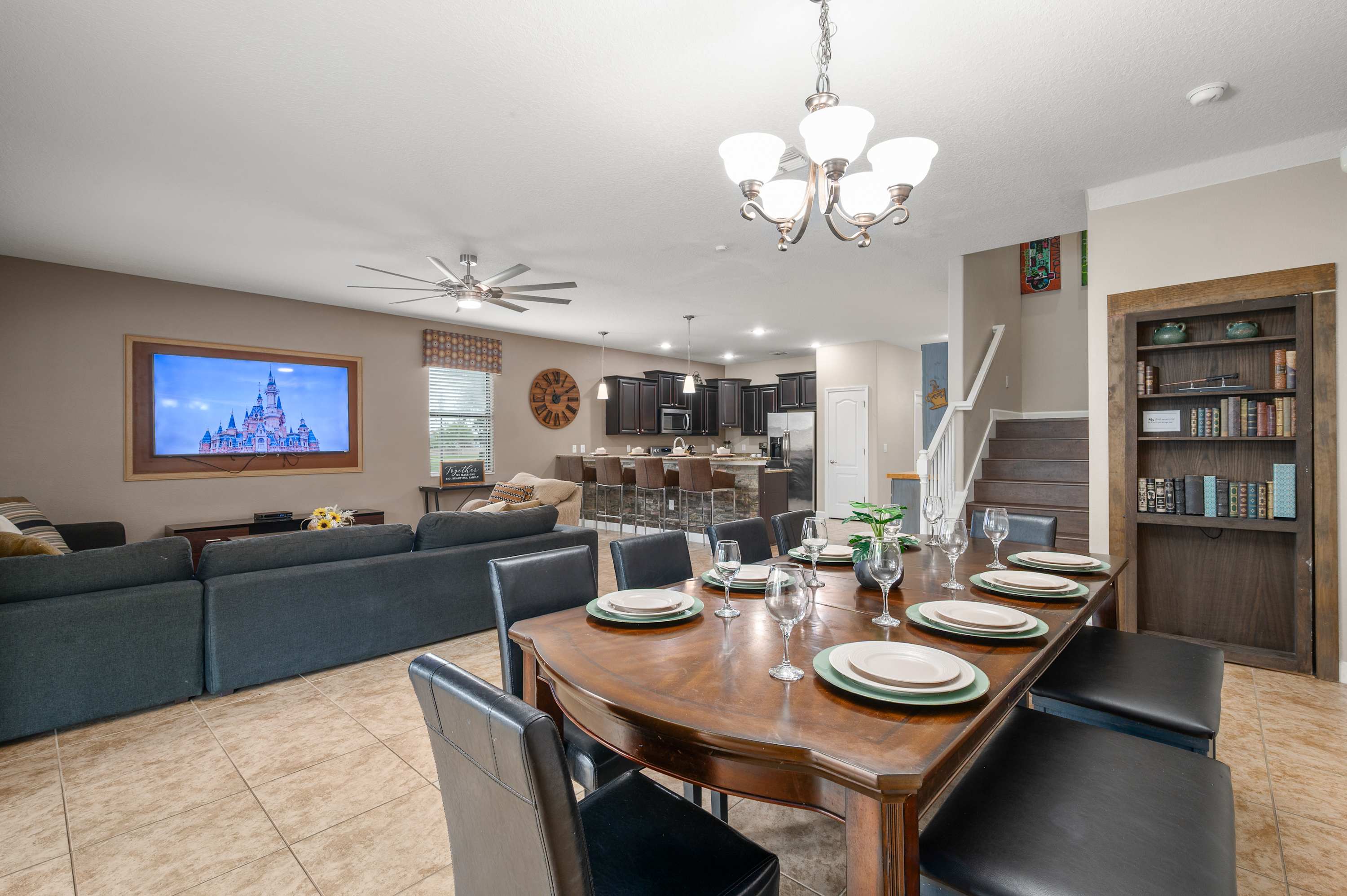 Open dining & living space designed for easy group meals and relaxing nights