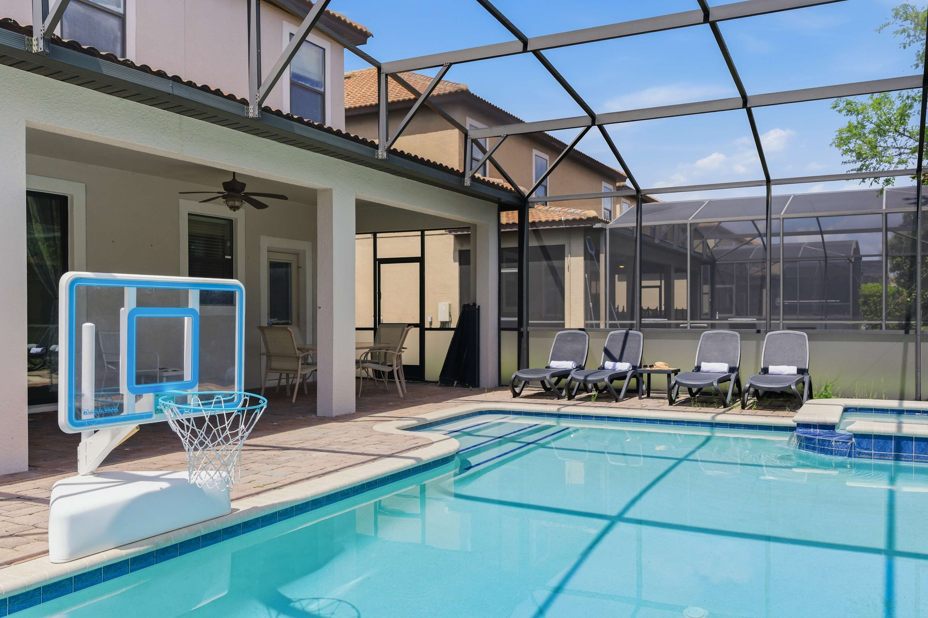 Screened private pool area w/ lounge seating & sunny space for relaxing swims