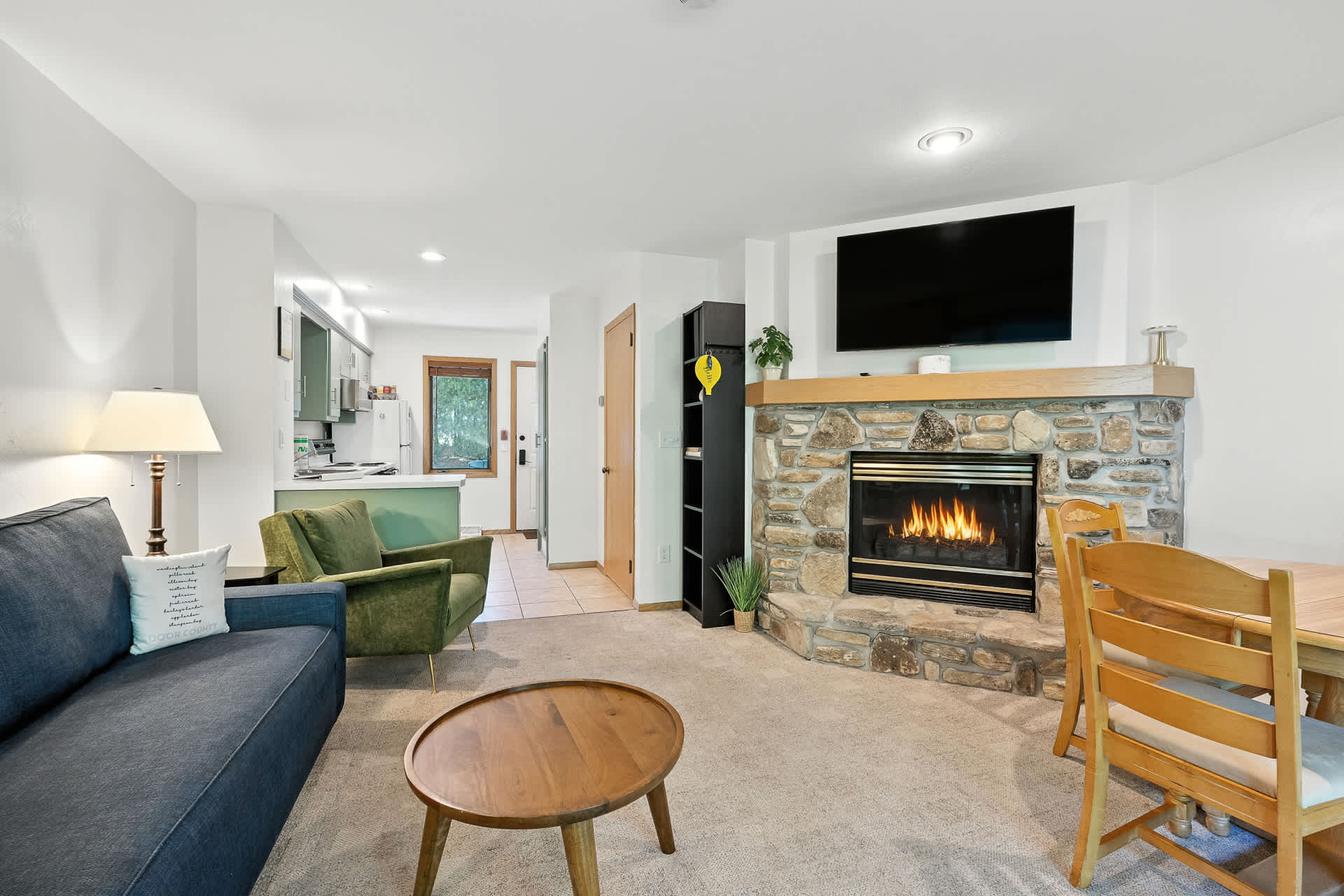 fireplace and dining table with seating for 4