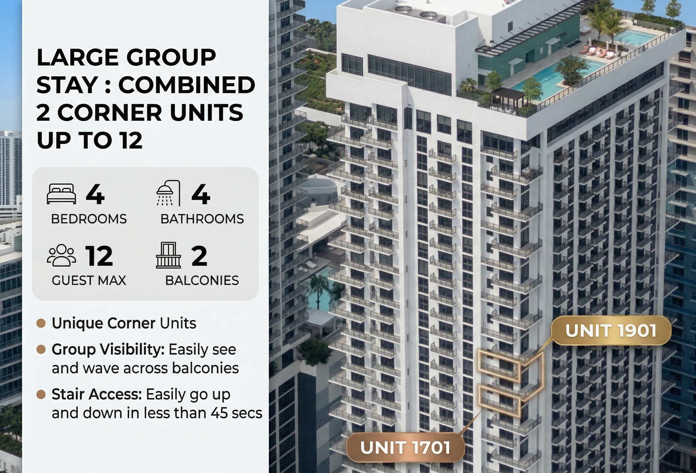 Large Group 4BR I 2 Combined Corner Units Sleep 12