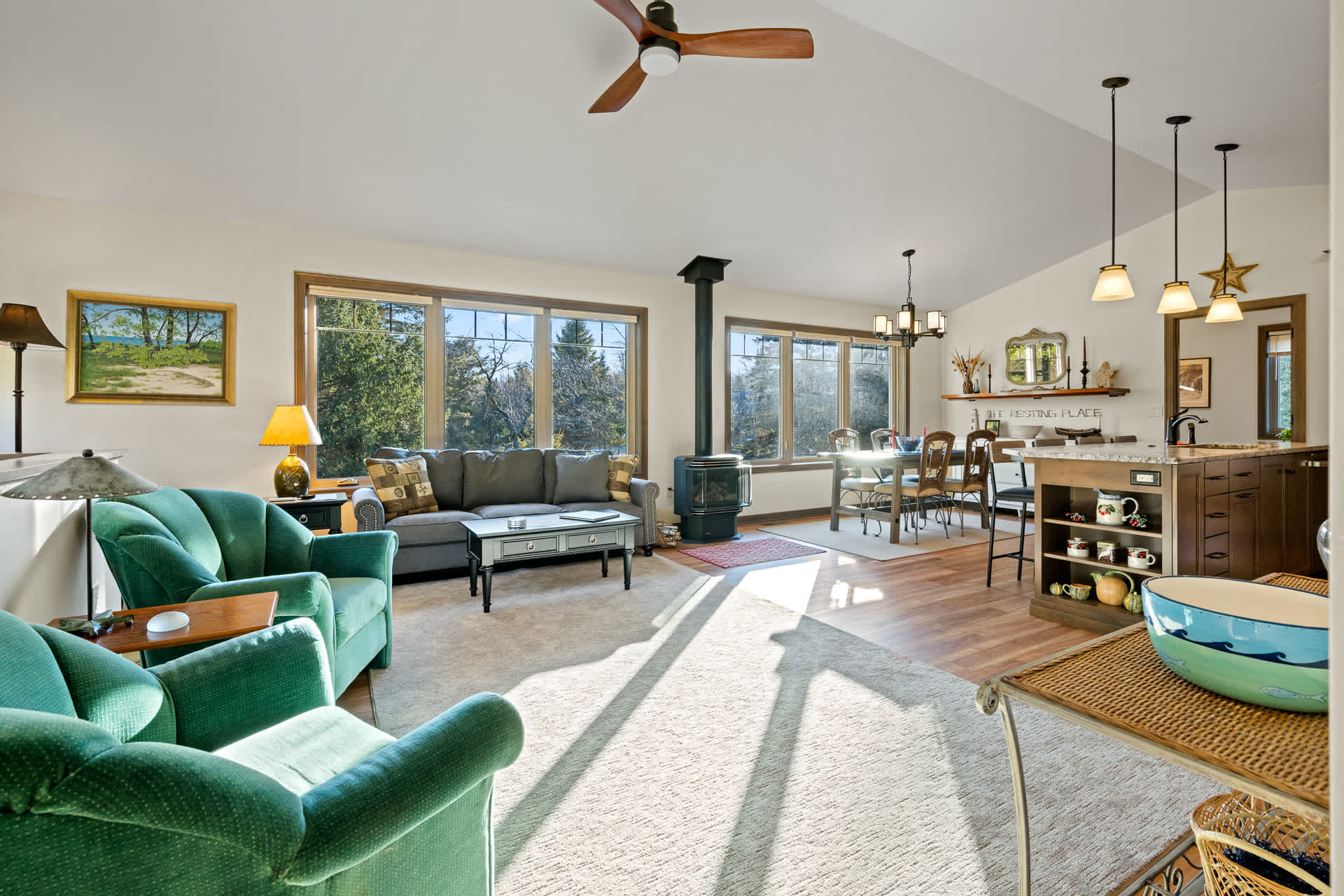 The main living space offers guests a large area to connect as well as enjoy the views