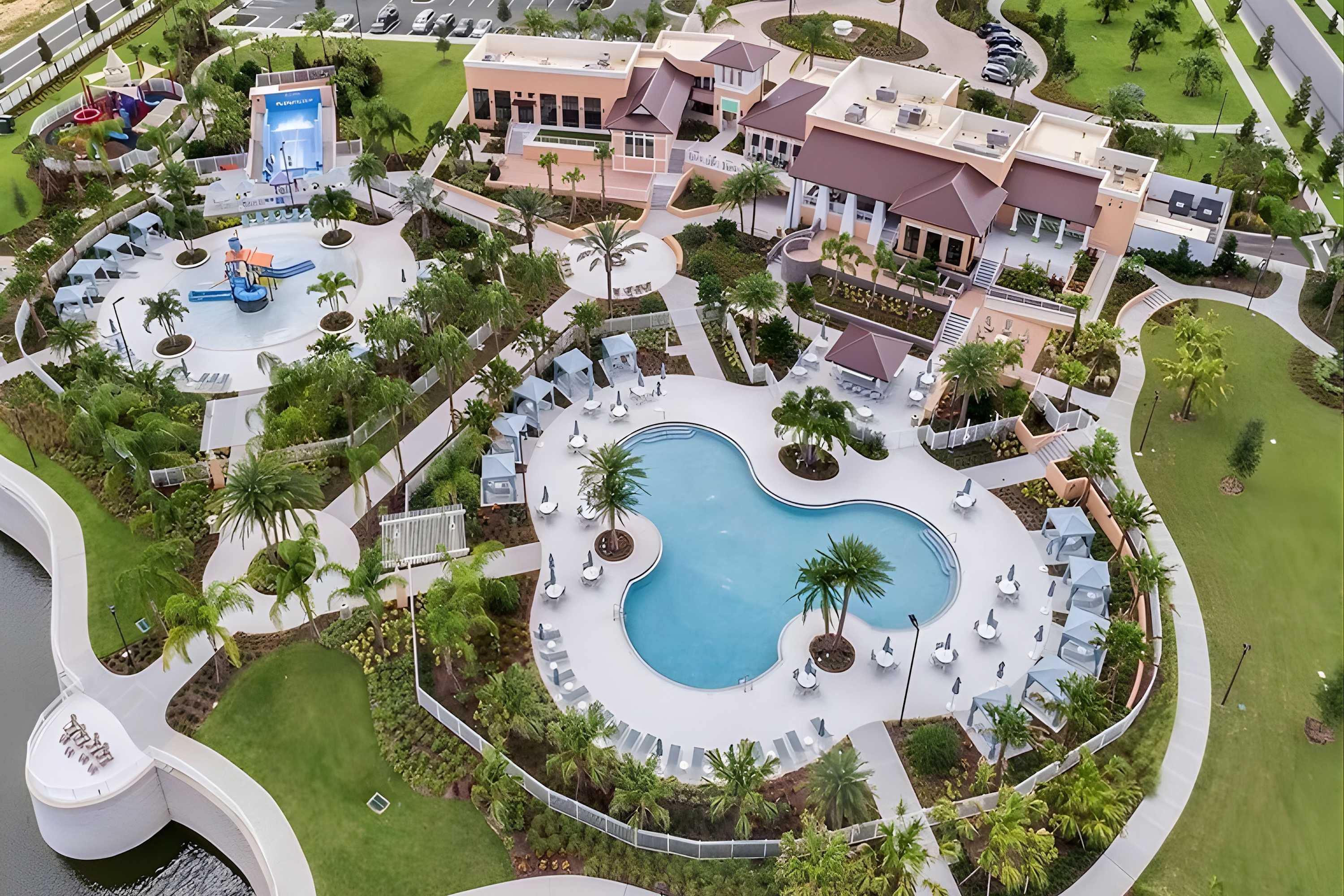 Solara Resort amenities include the clubhouse pool, sliding pool, wave simulator, splash pad, ice-cream parlor, and sundries store