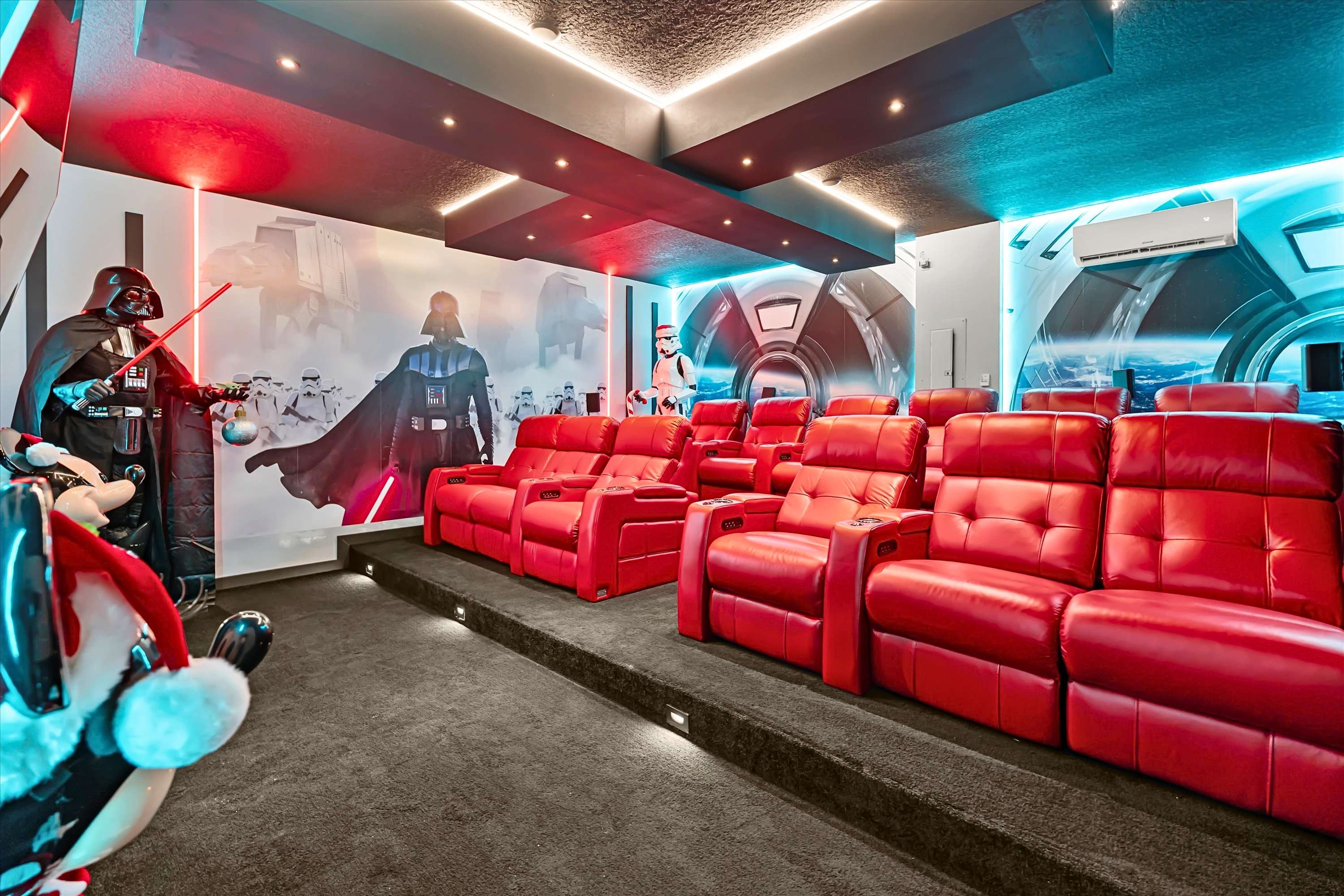 Relax in cozy seating while enjoying the Star Wars themed mini cinema experience