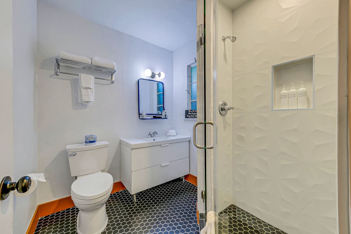 White-tiled bathroom with a walk-in shower, toilet and dark mosaic floor.