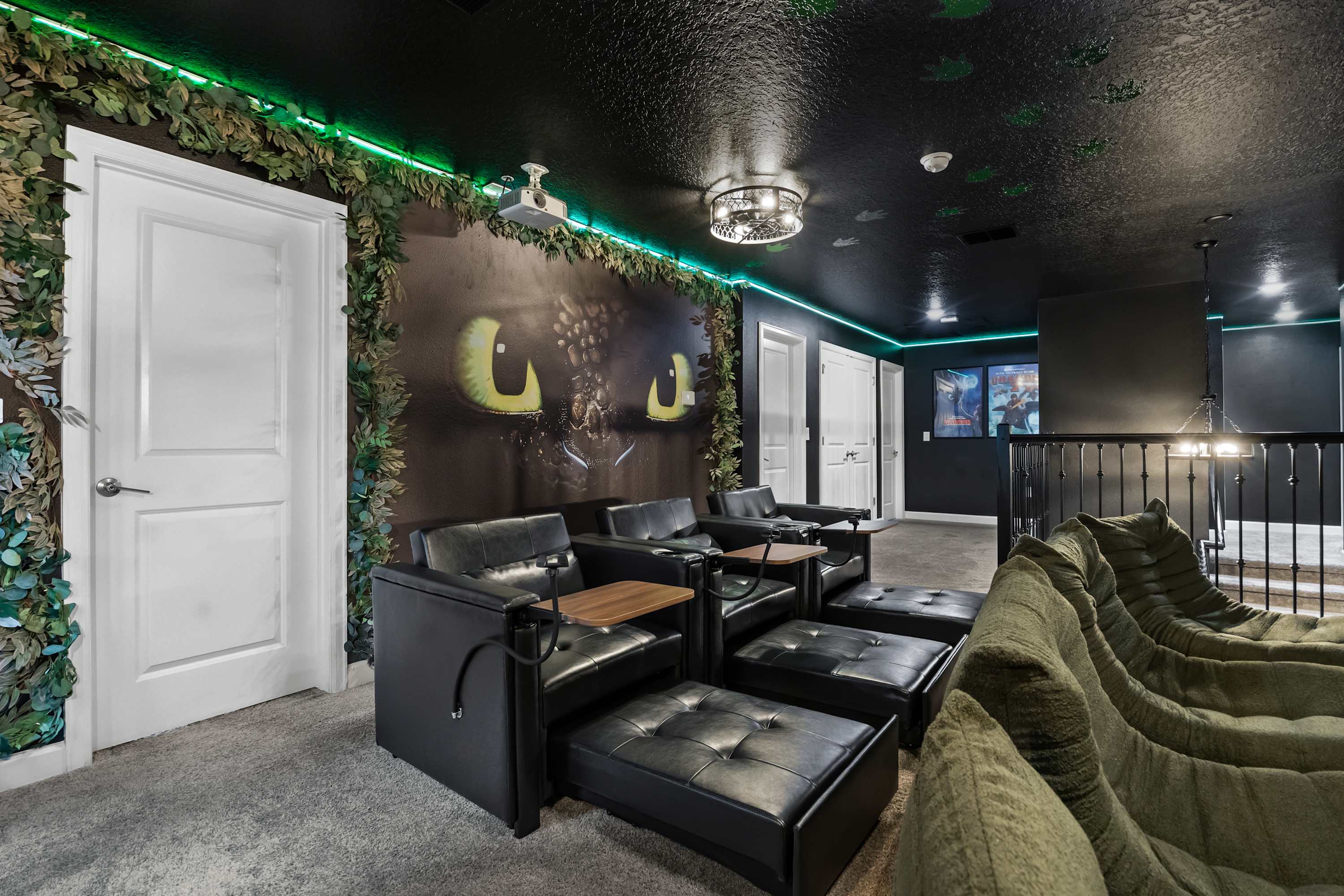 Private home theater with reclining seats, ideal for movie nights and group entertainment.