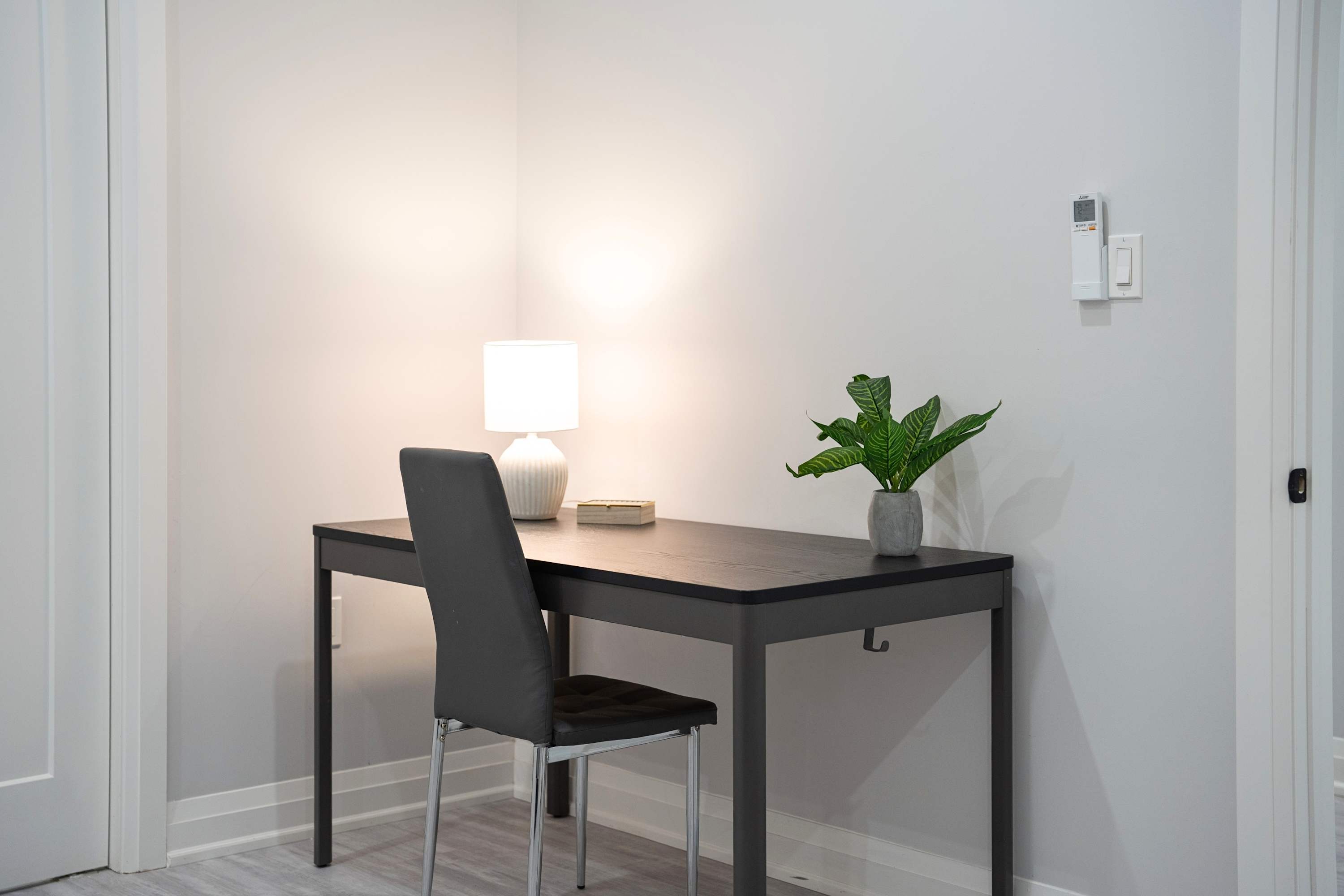 Quiet setup with lighting designed for focus, work, or study when needed.