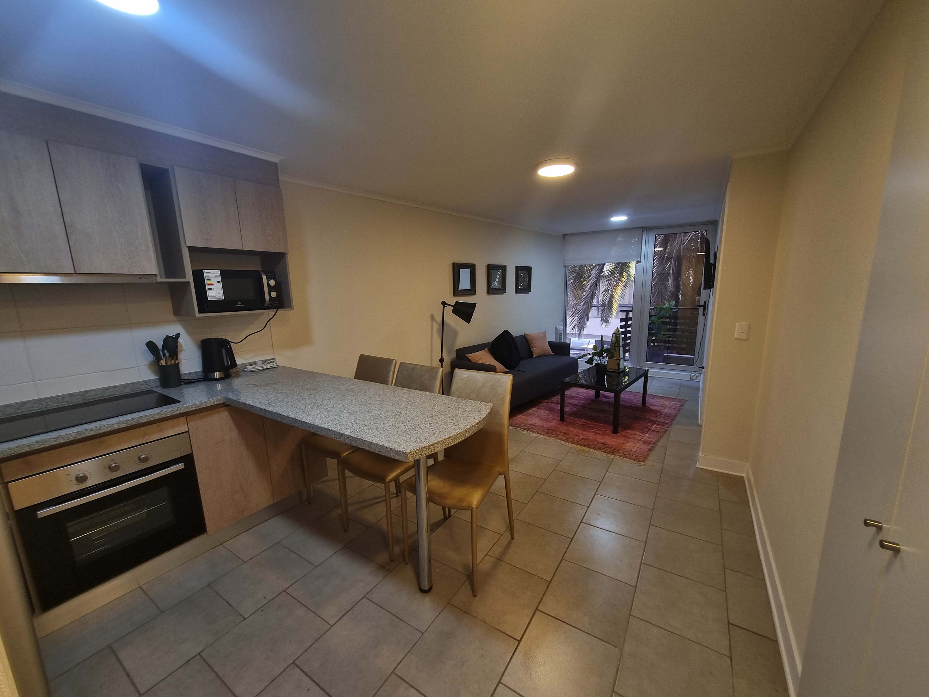 Cozy studio with modern kitchen and a relaxing balcony view of palm trees, perfect for a tranquil stay.