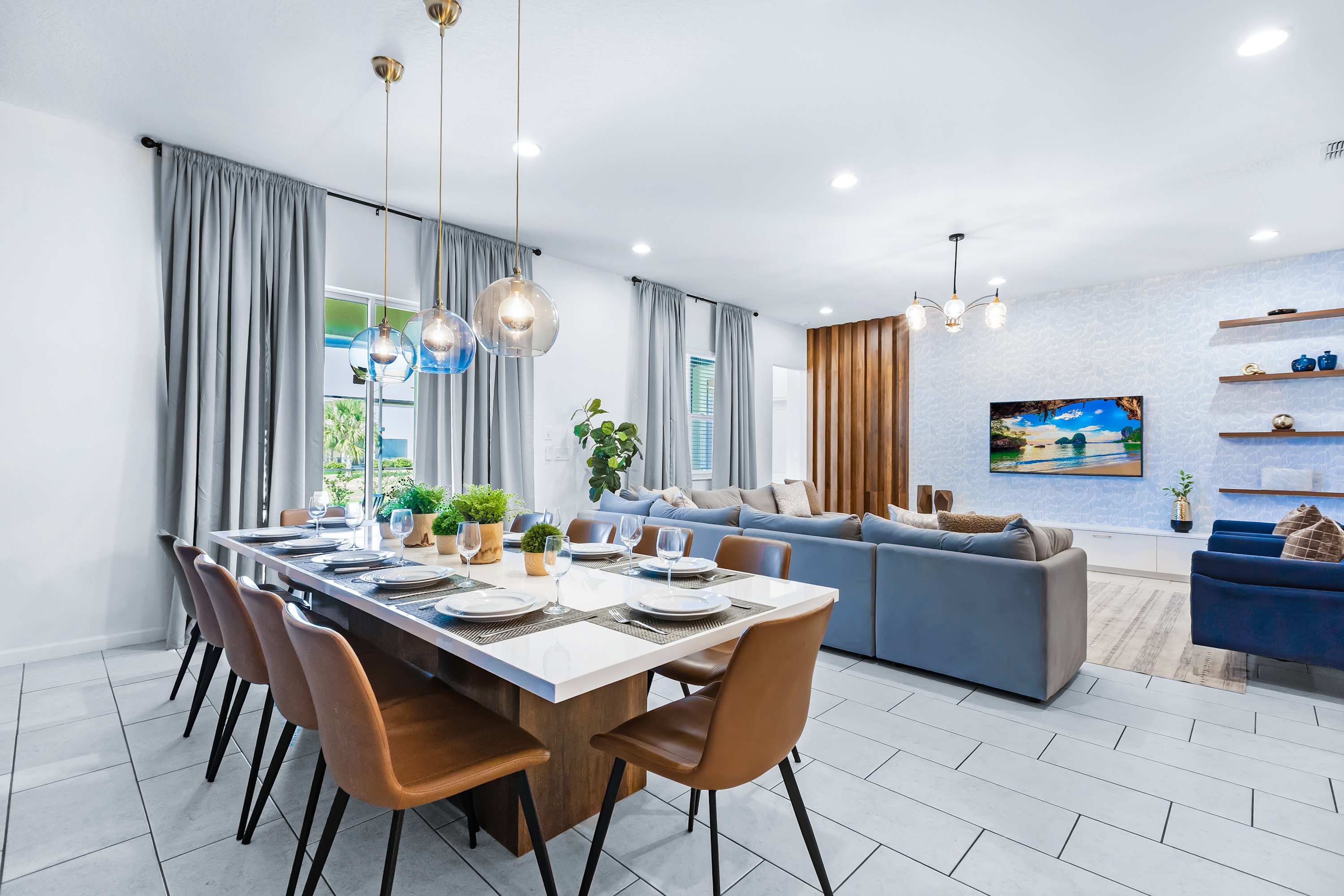 Open dining area connected to the living space, perfect for group gatherings.