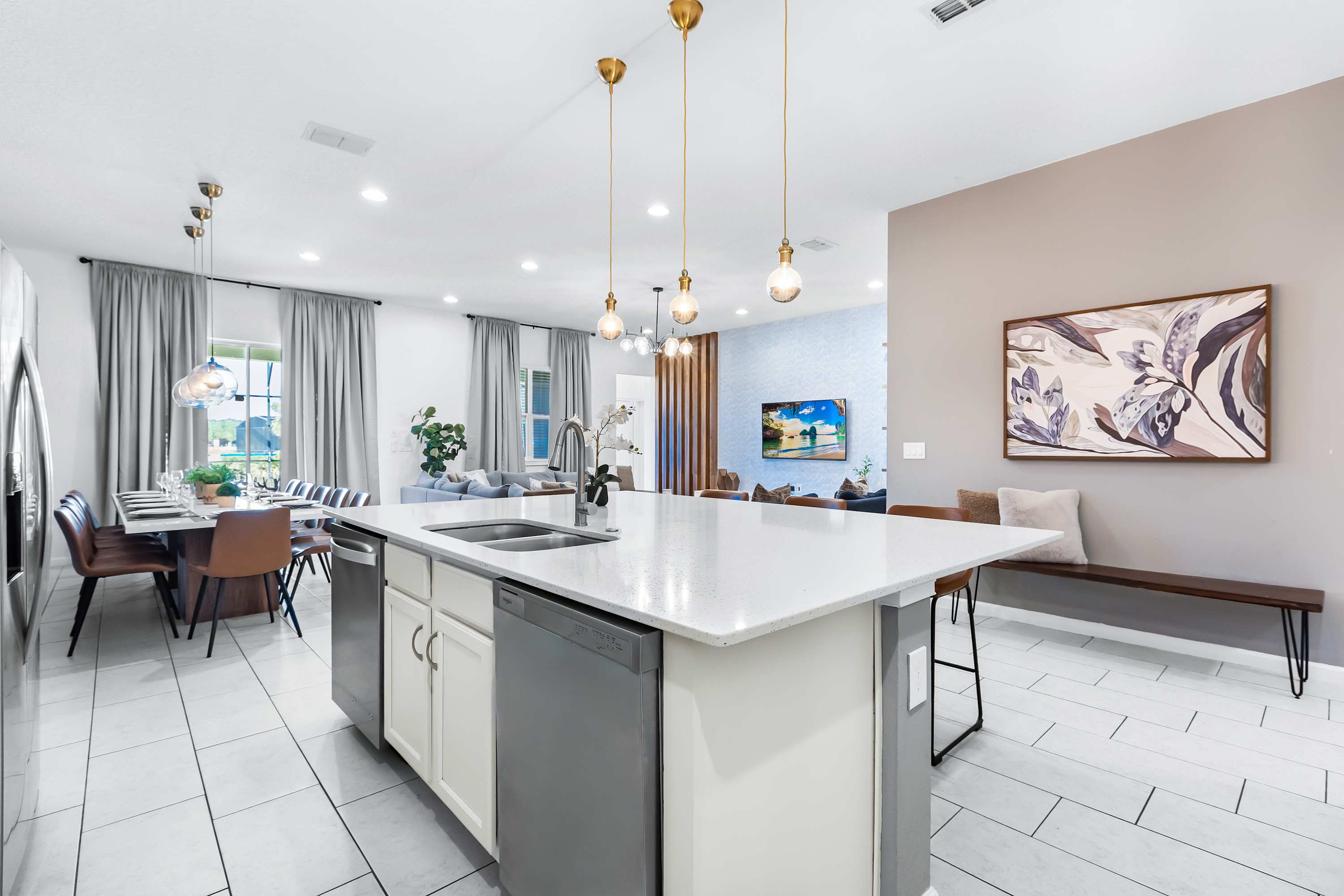 Modern open kitchen with spacious island and seamless layout.