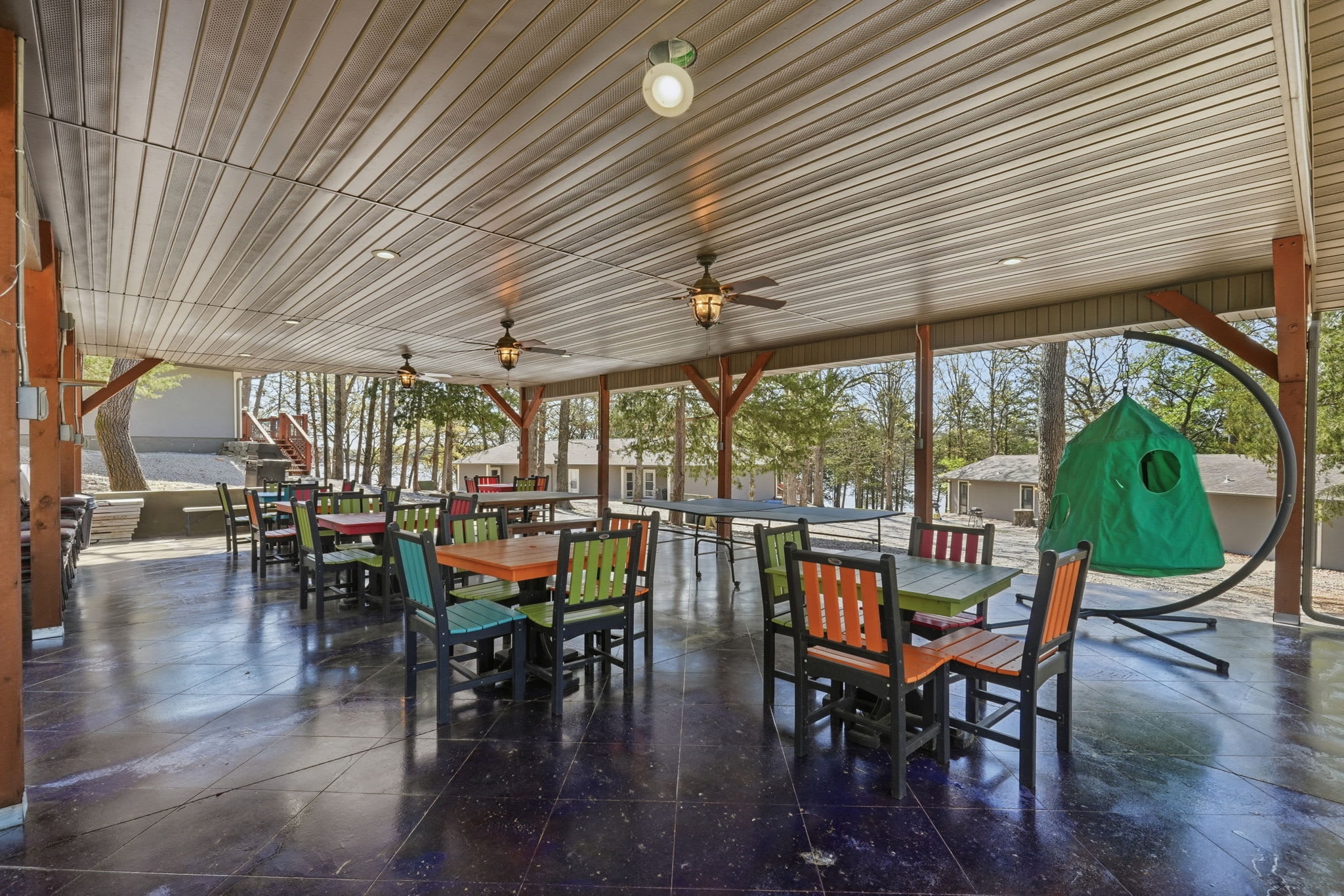 Shared pavilion area with tables and games