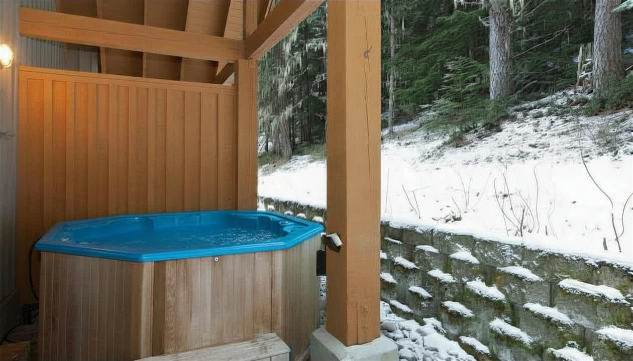 - Private outdoor hot tub under a rustic wooden awning 
- Relax in bubbling warmth surrounded by snowy forest air 
- Ideal après-ski experience for complete mountain relaxation 