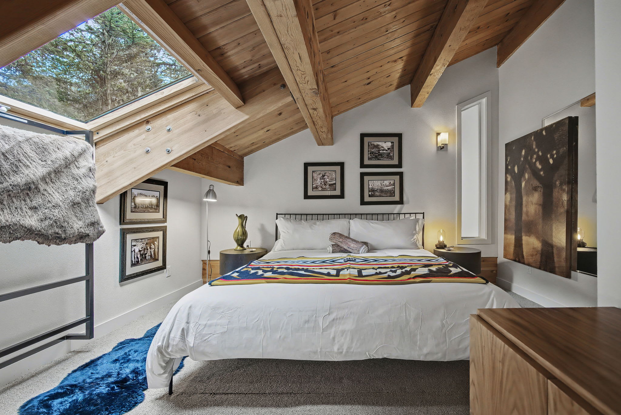A wide shot of the bedroom showcases a queen bed with white linens and a vibrant blanket, positioned beneath a large skylight offering views of the trees. Exposed wooden beams create a rustic-modern aesthetic, complemented by framed art and a blue faux fur rug on the carpeted floor.