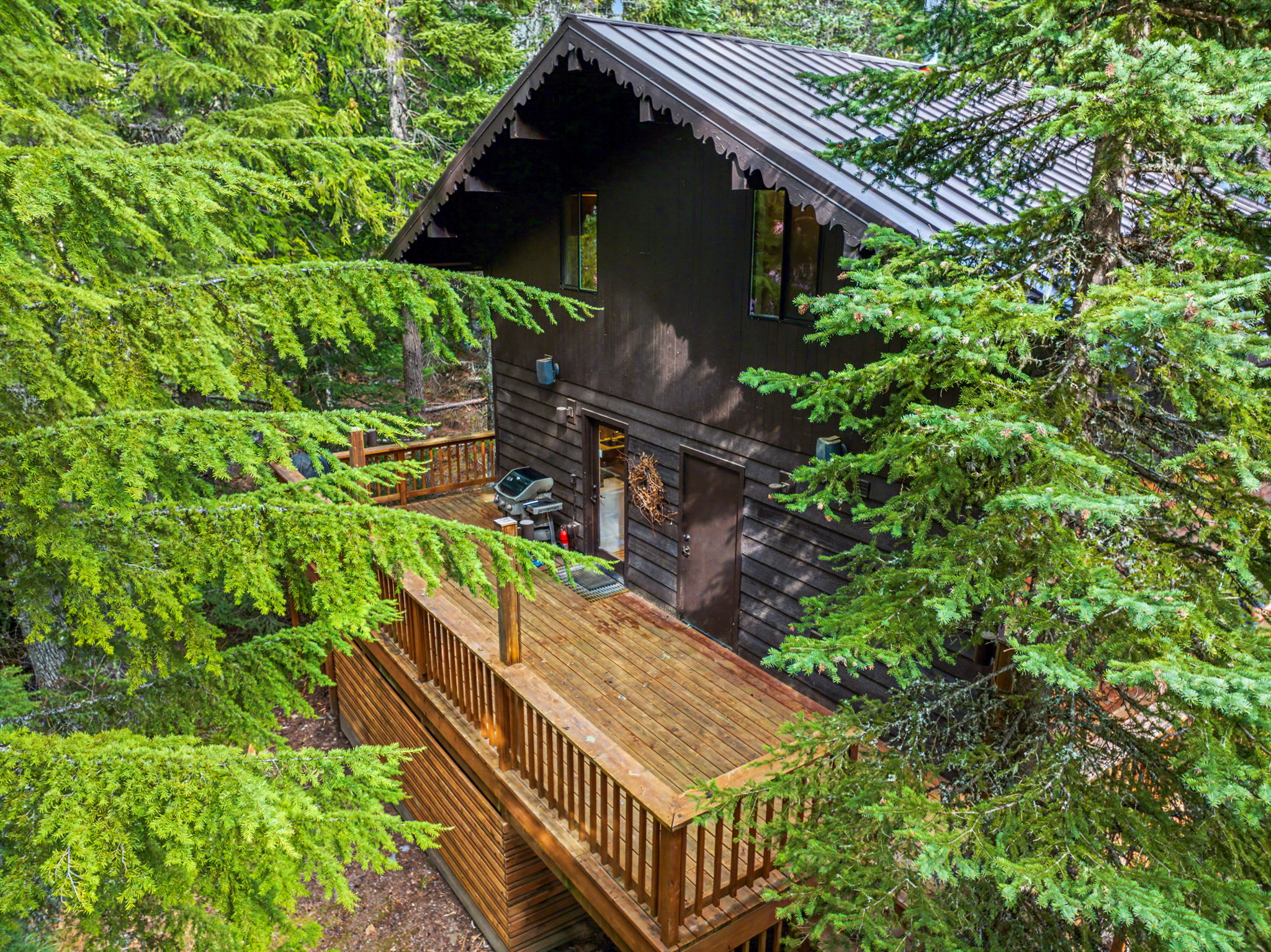 A view of the house's dark-sided exterior with a distinctive metal roof, nestled among tall pine trees. A wooden deck with a railing is visible on the lower level, suggesting multiple outdoor spaces.