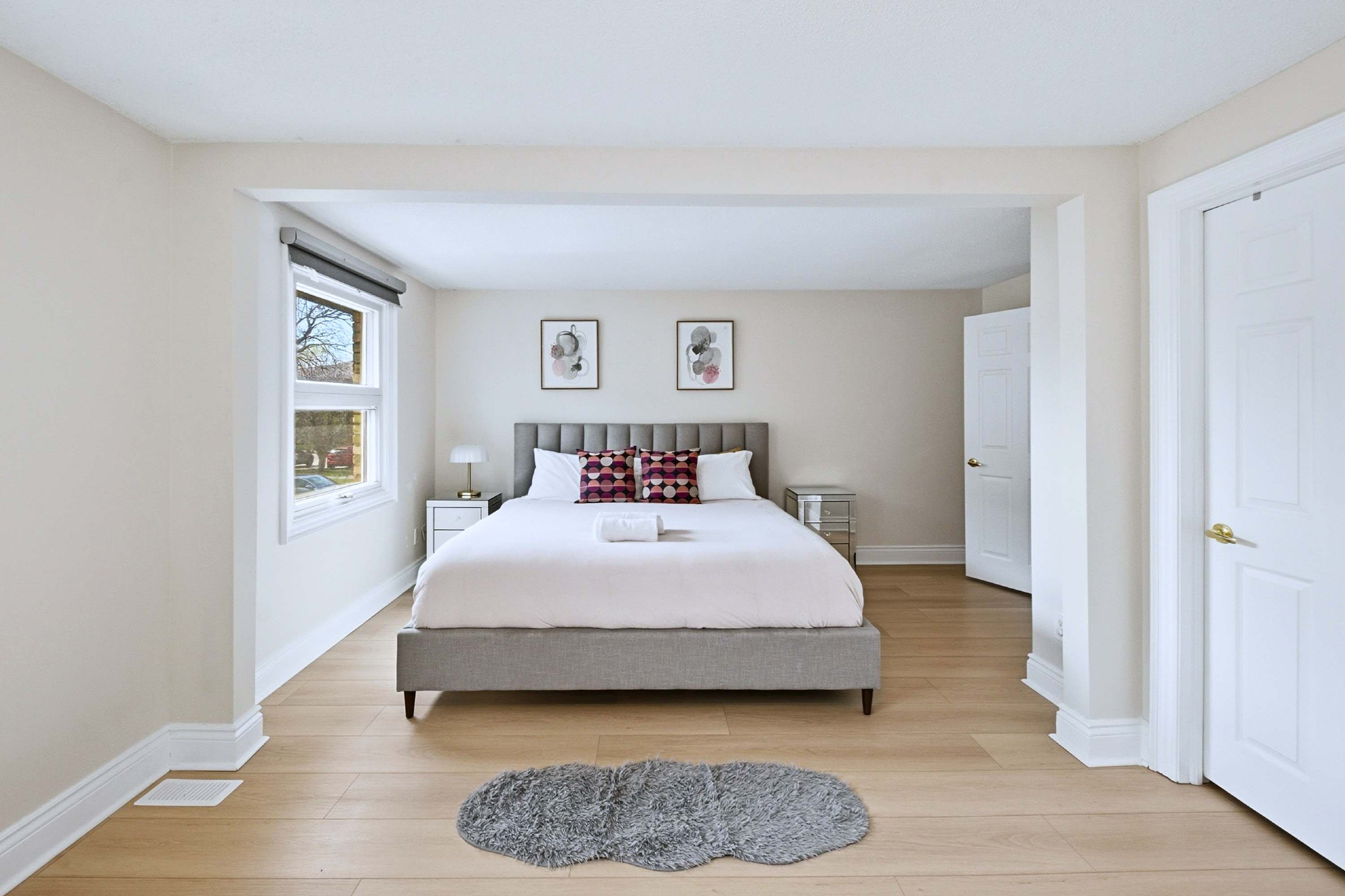 King bed with fresh linens for a comfortable stay