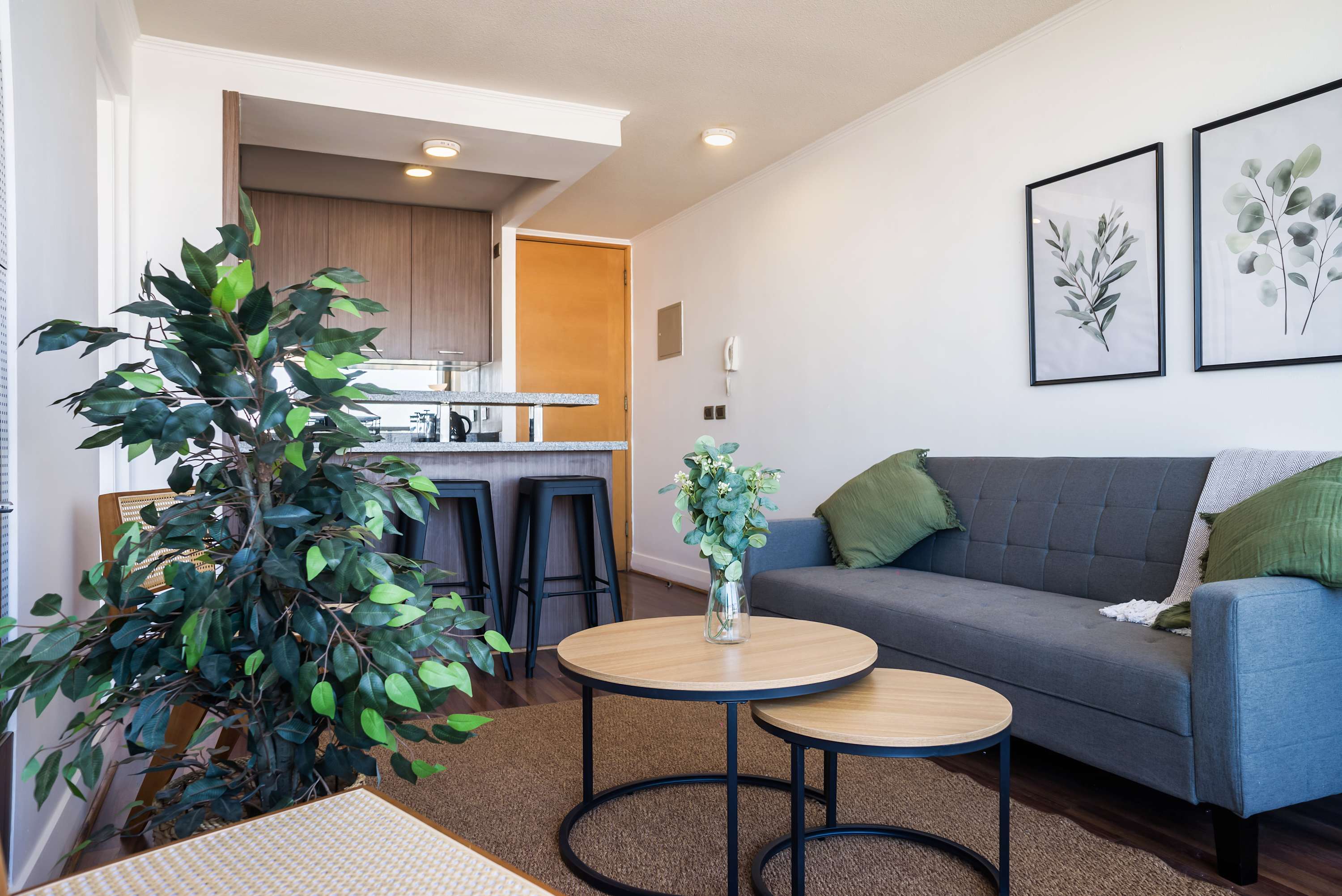 Relax in this stylish living area with a cozy sofa and modern kitchen, perfect for unwinding after a day exploring the city.