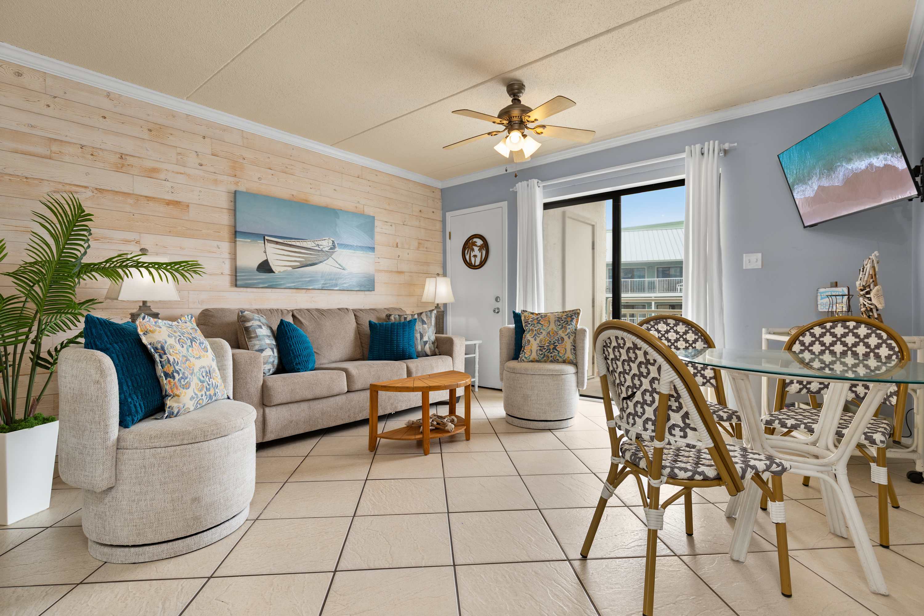 Settle into your living area, complete with a sleeper sofa, TV, and dining table with seating for 3. 