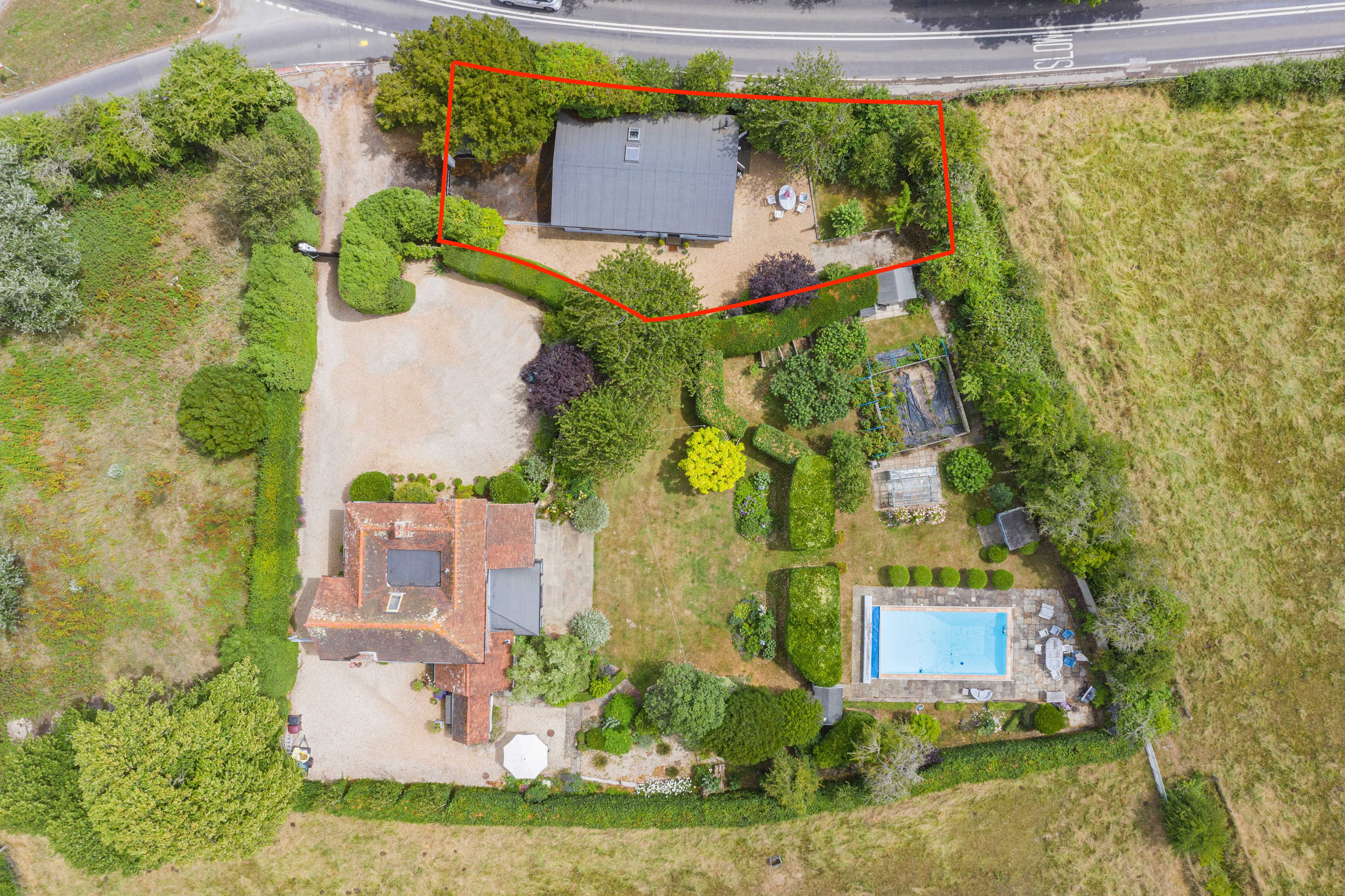 Aerial view showing the house and annexe