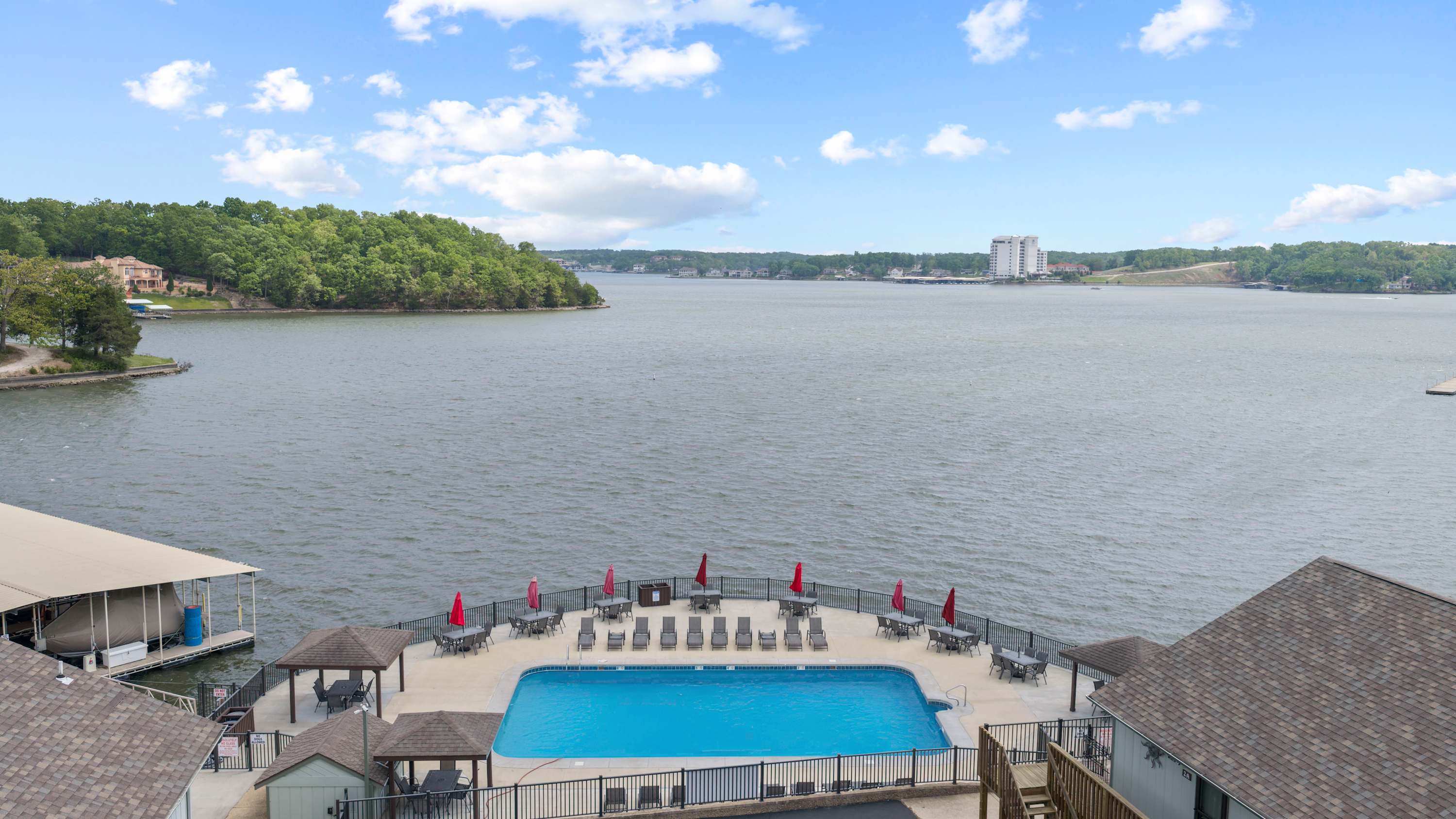 Enjoy the seasonal outdoor pool with beautiful lake views—perfect for a refreshing dip