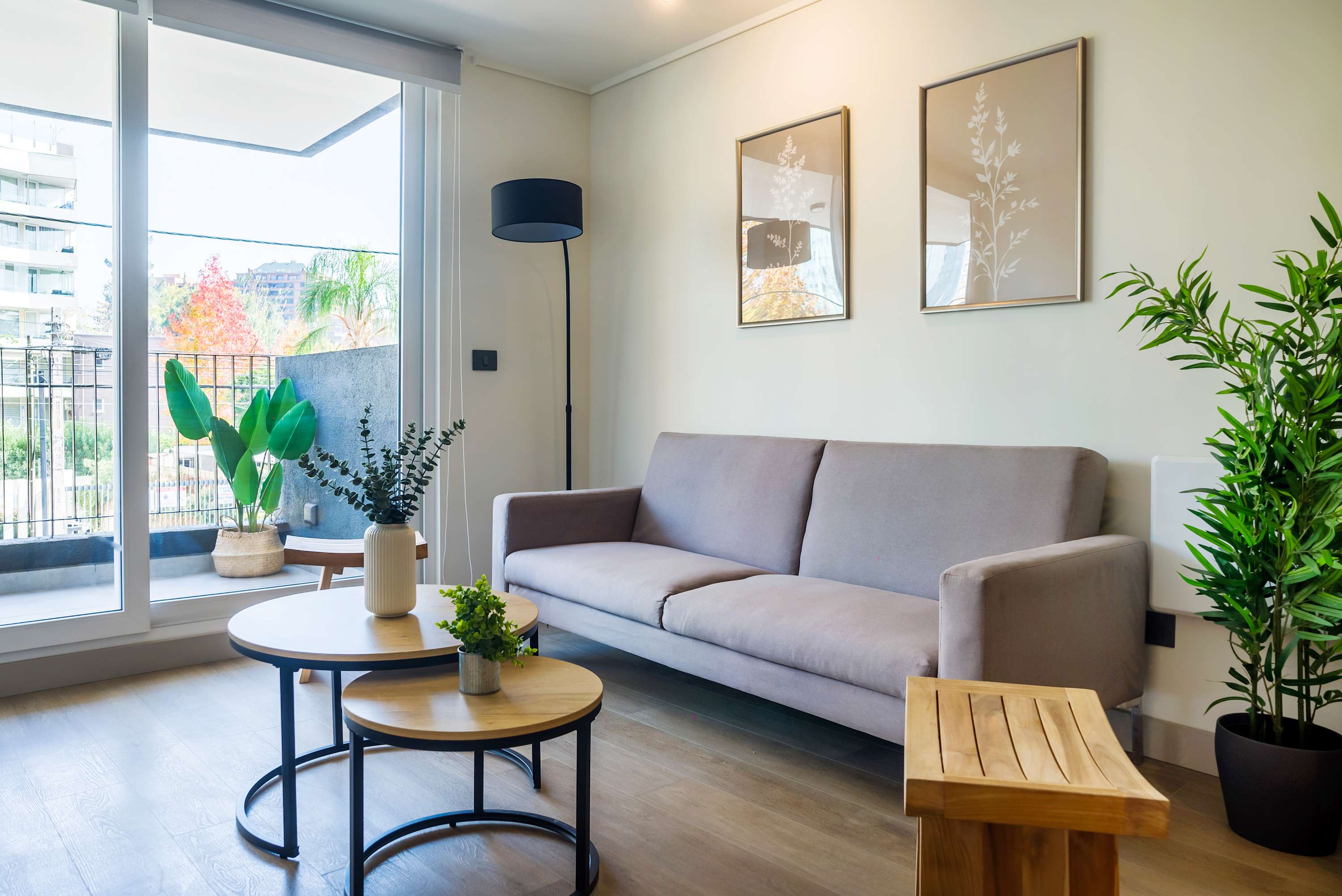 Bright and stylish living area with a cozy sofa and lush greenery, perfect for relaxation.