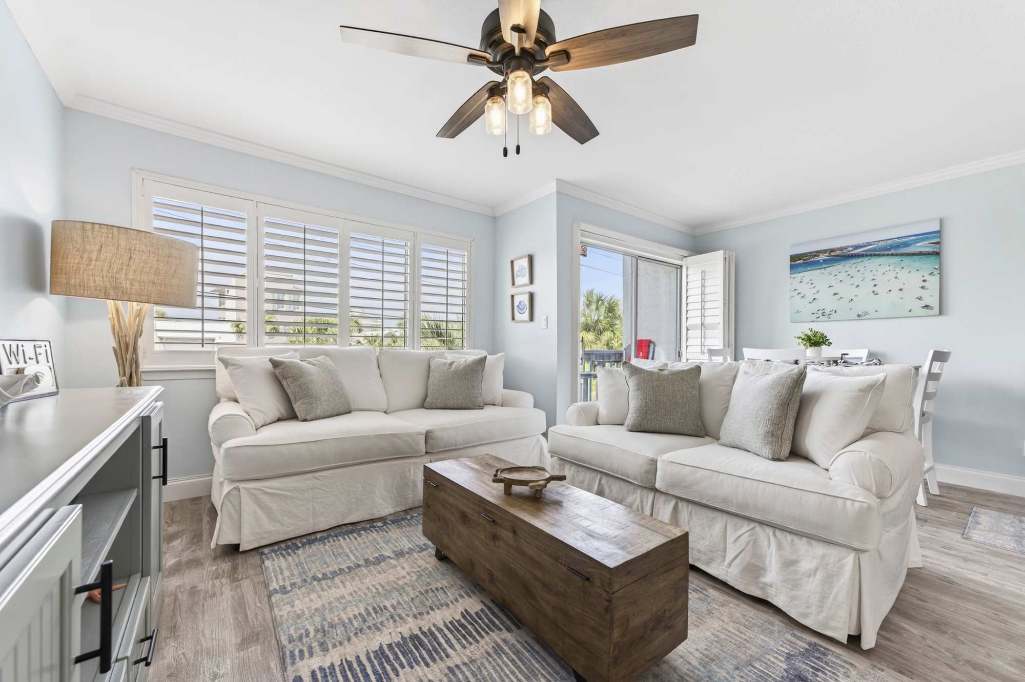 Curl up in the coastal living room & stream your favorites on the smart TV