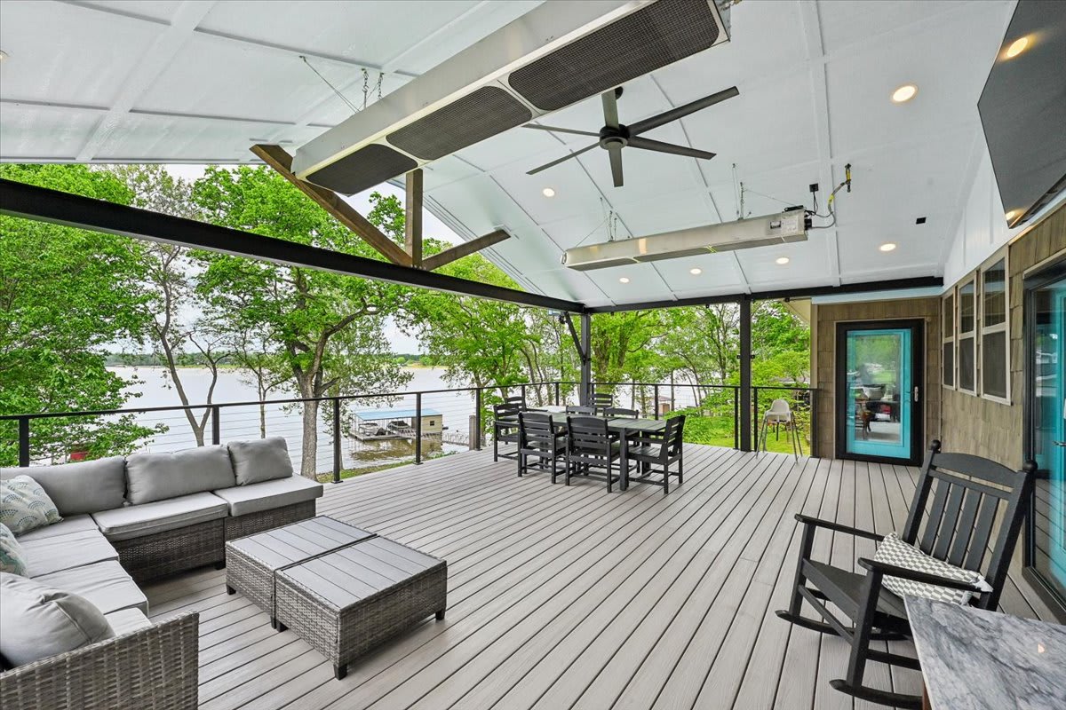 Covered, heated back deck, with TV. 