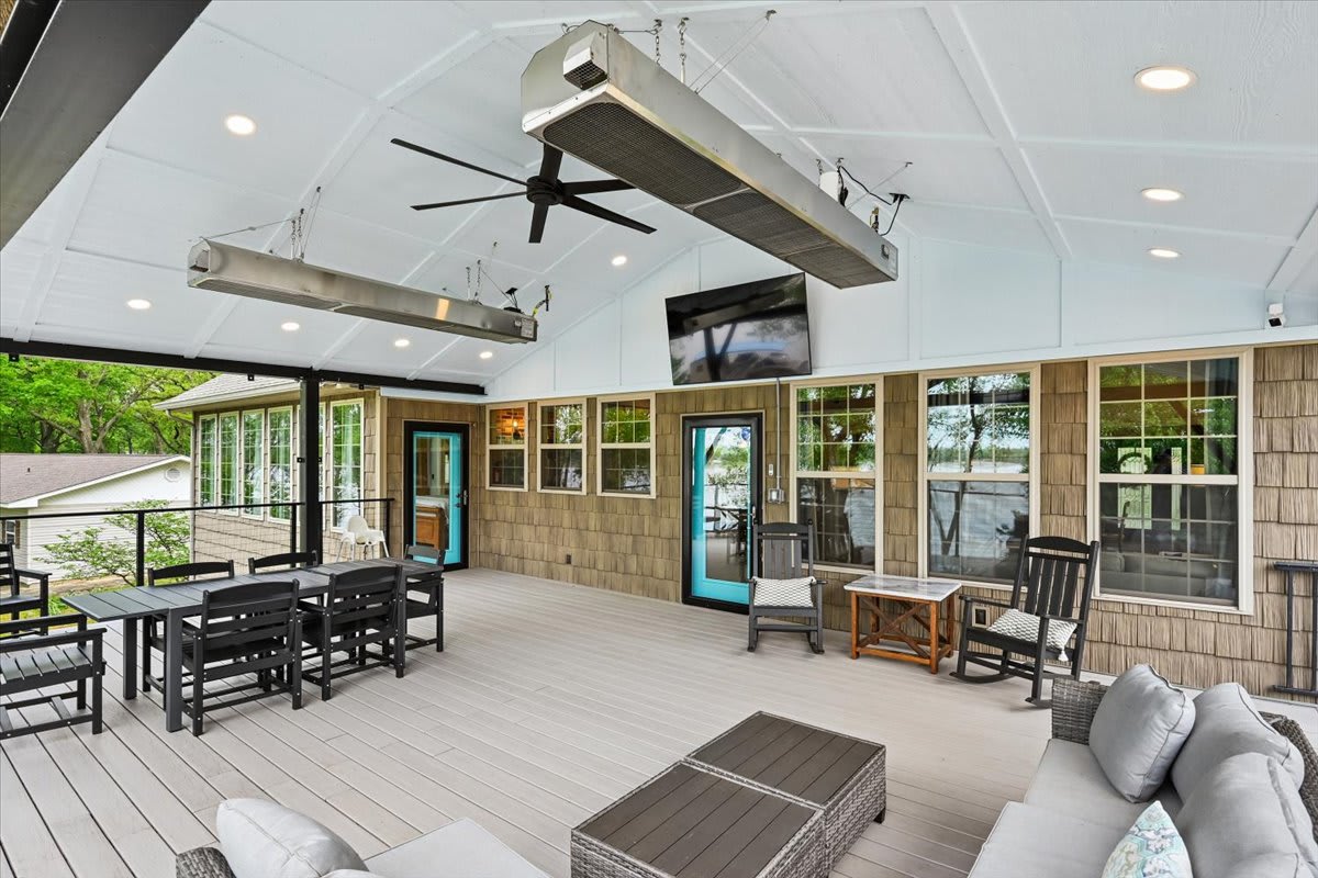 Covered, heated back deck, with TV. 