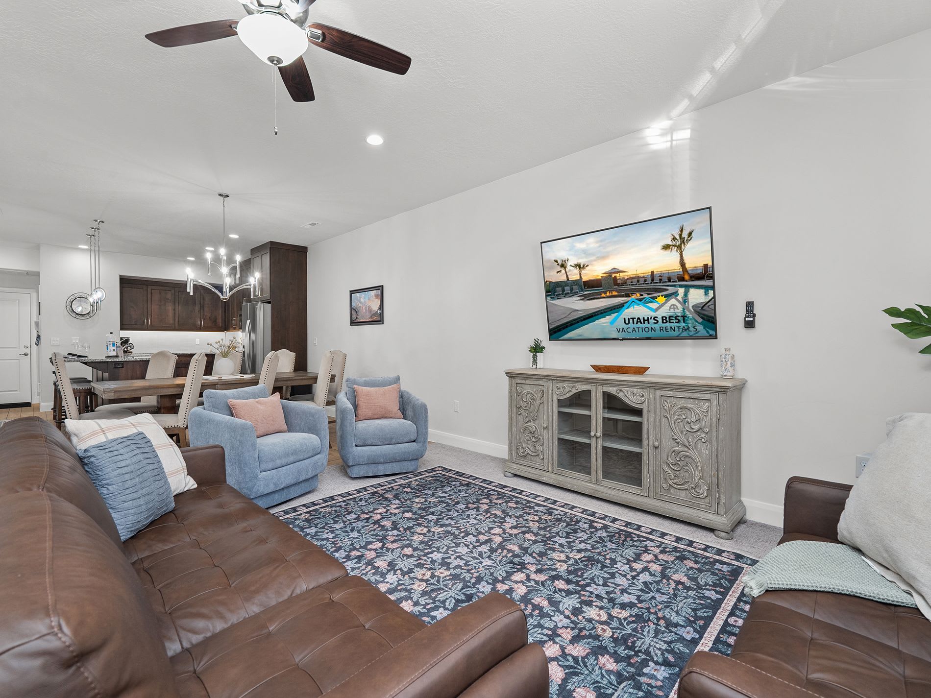 Bright living room connecting to the open kitchen and dining area
