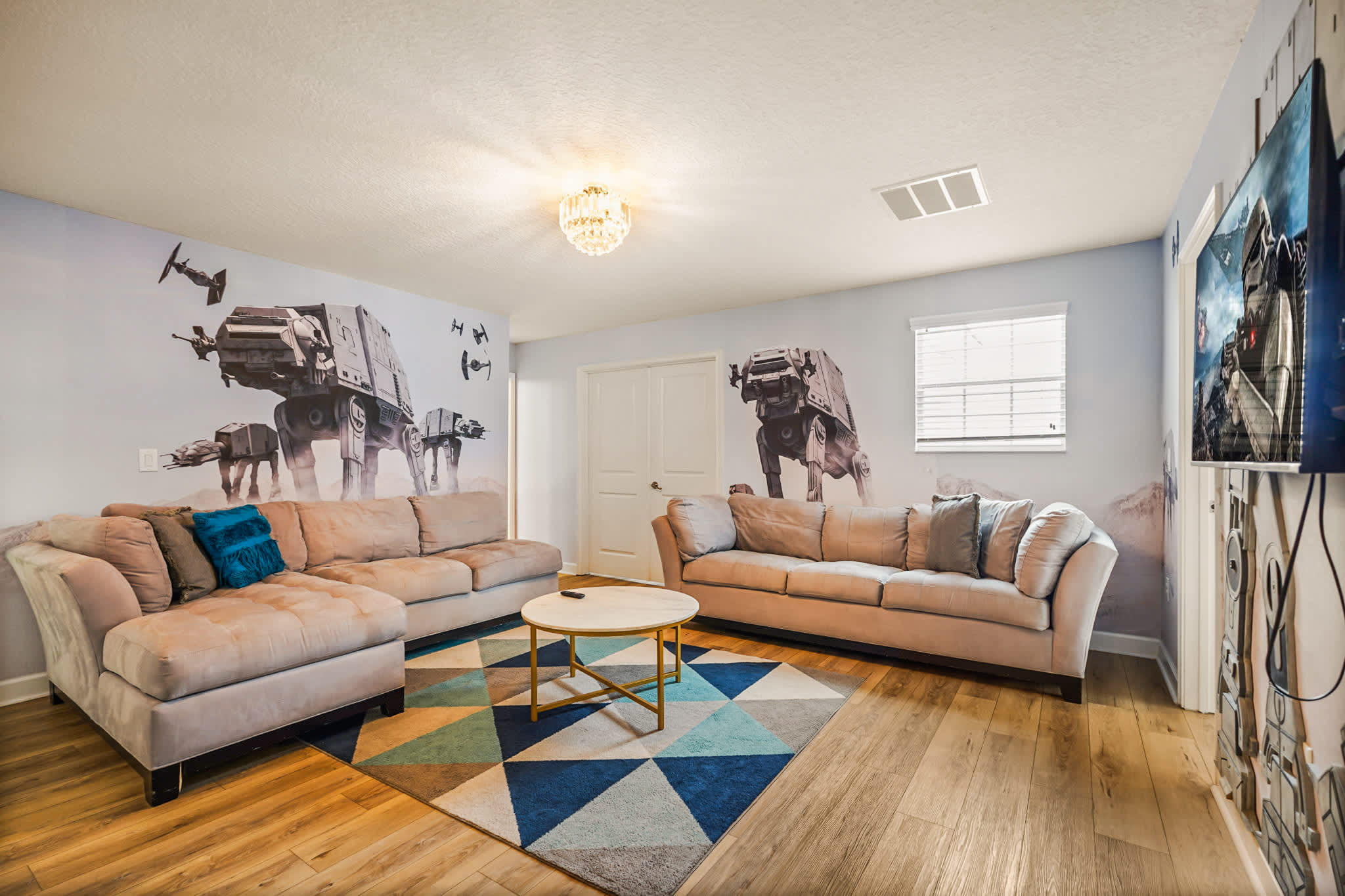 Immerse yourself in a Star Wars-themed room with cozy seating and entertainment. Perfect for fans and families!