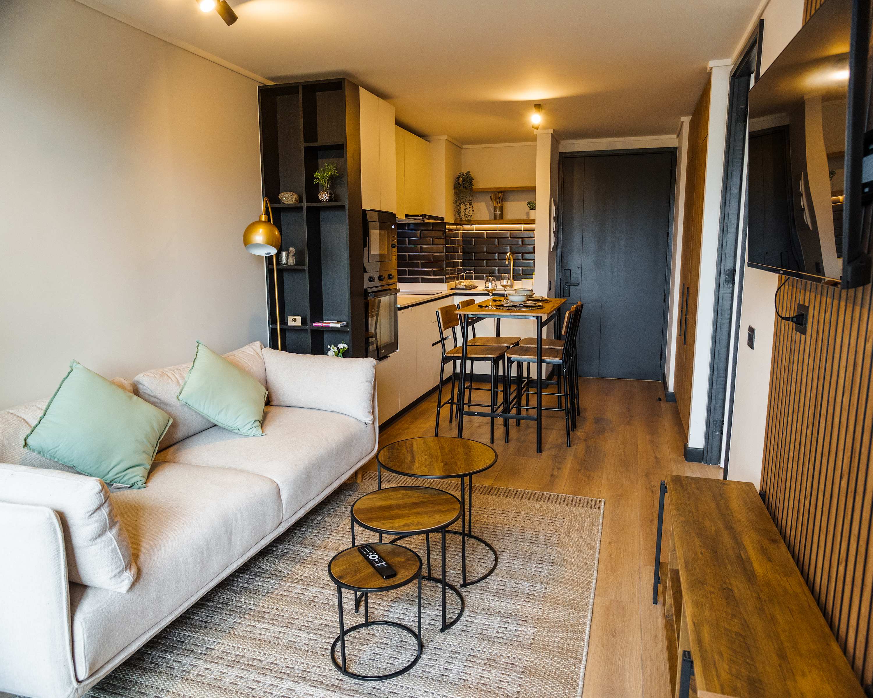 Modern studio with cozy living area and sleek kitchen, perfect for a comfortable stay in the heart of Chile.
