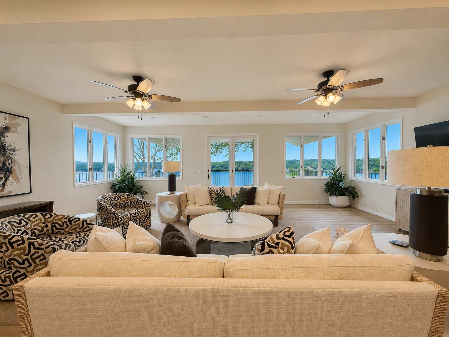 Relax in the living room while taking in beautiful views of the Lake. 