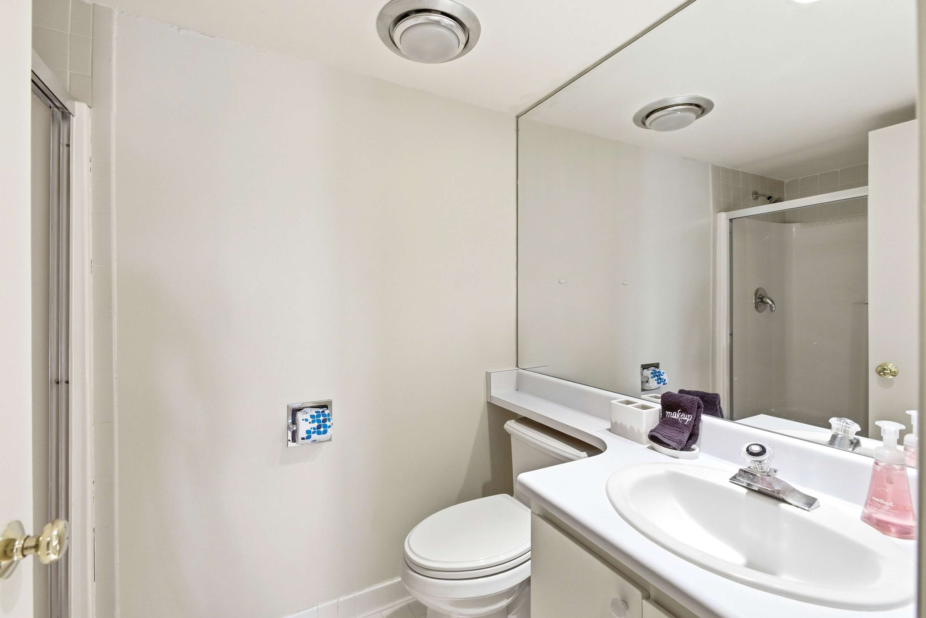 Full guest bath with walk-in shower, generous vanity, and full-wall mirror.