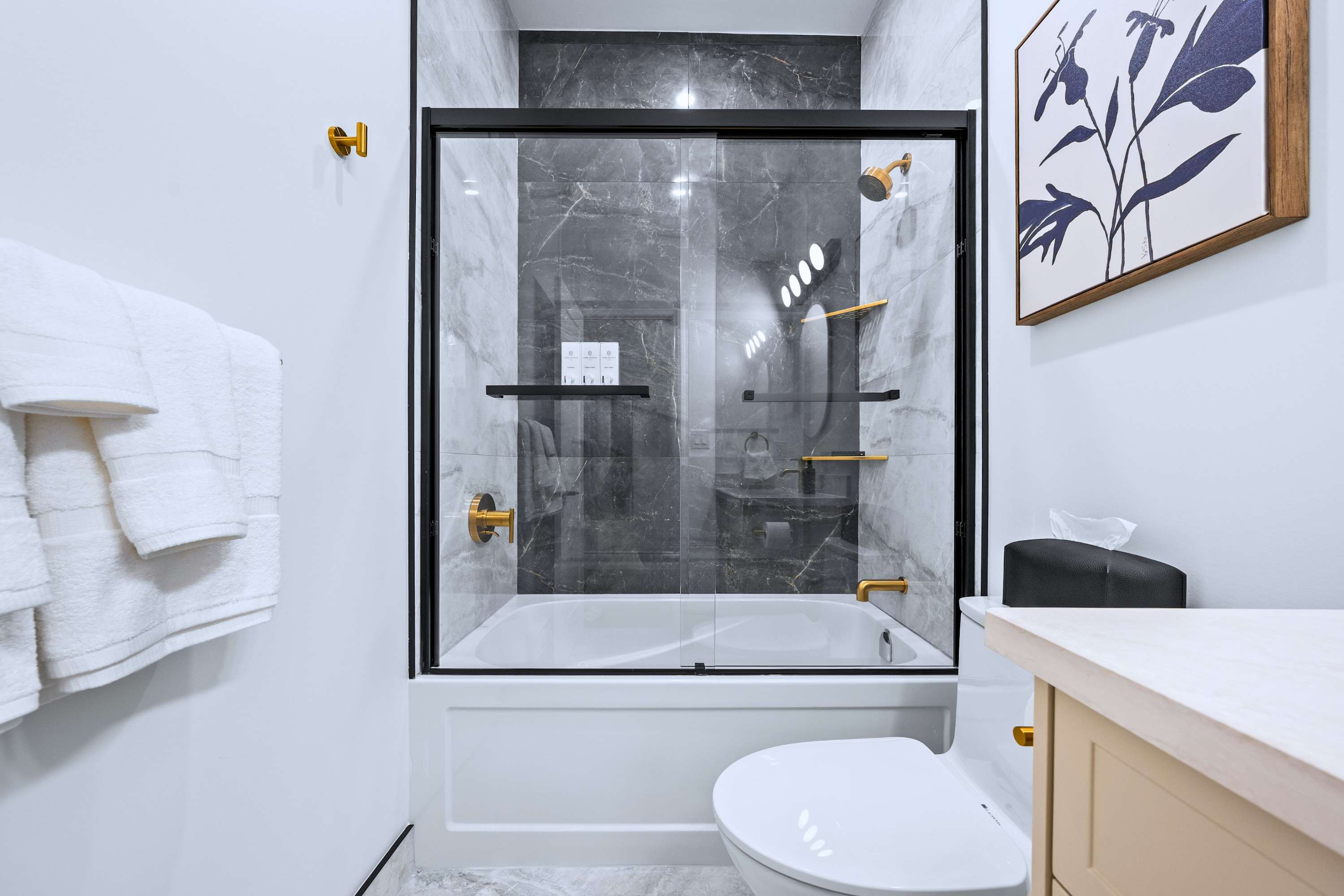 Bathroom with walk in shower and bathtub designed for a relaxing end to the day