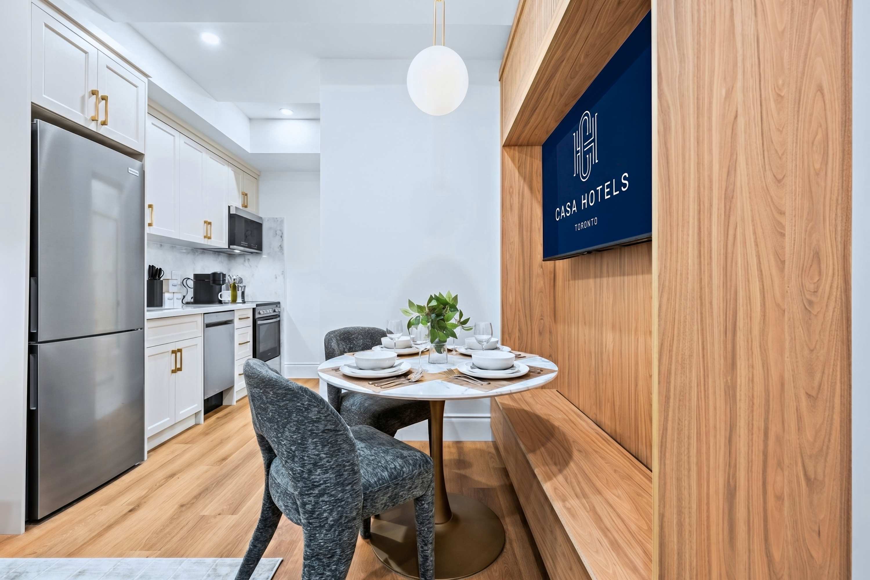Enjoy easy access from dining to the kitchen with this connecting space.
