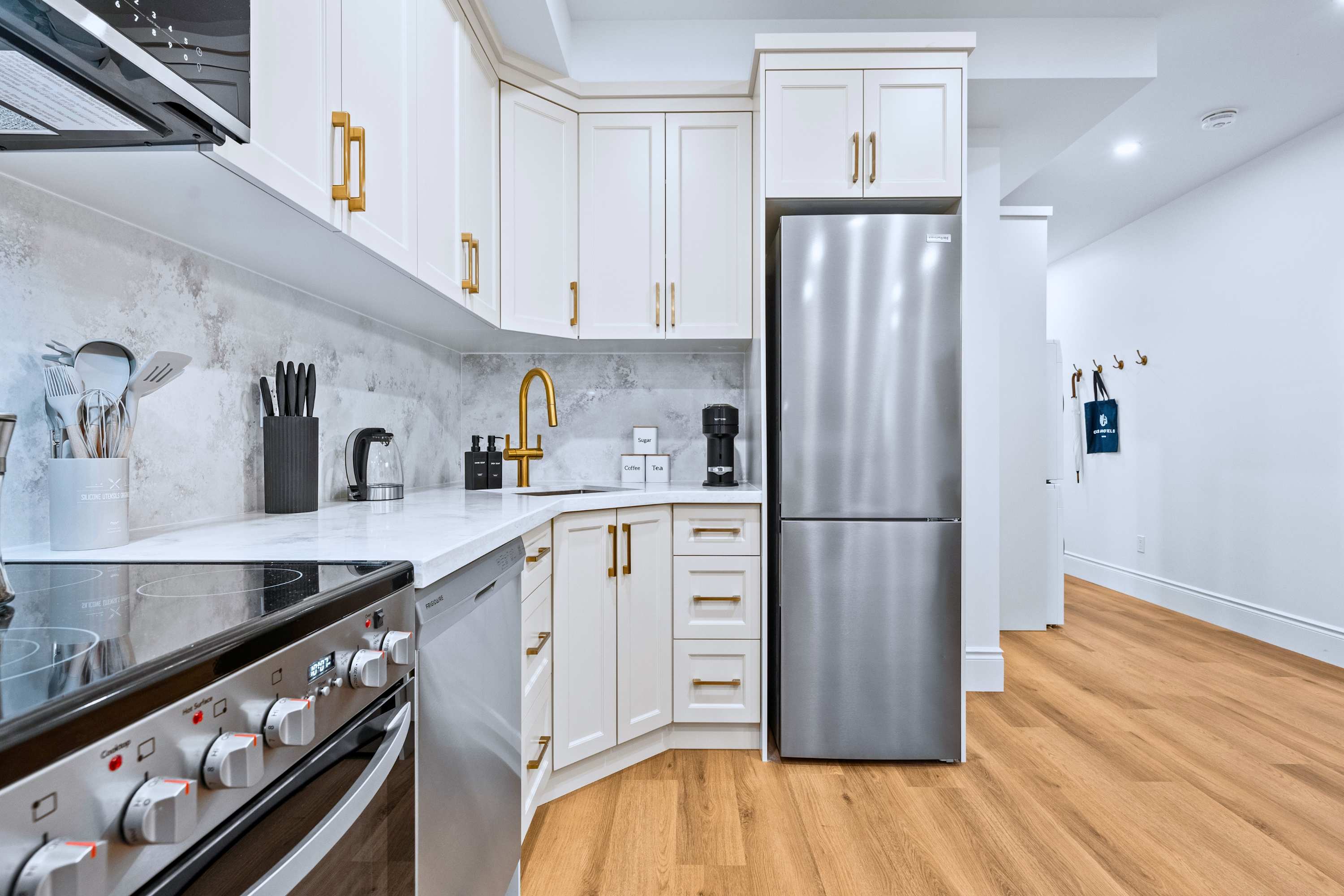 Fully equipped kitchen with essentials for your stay.