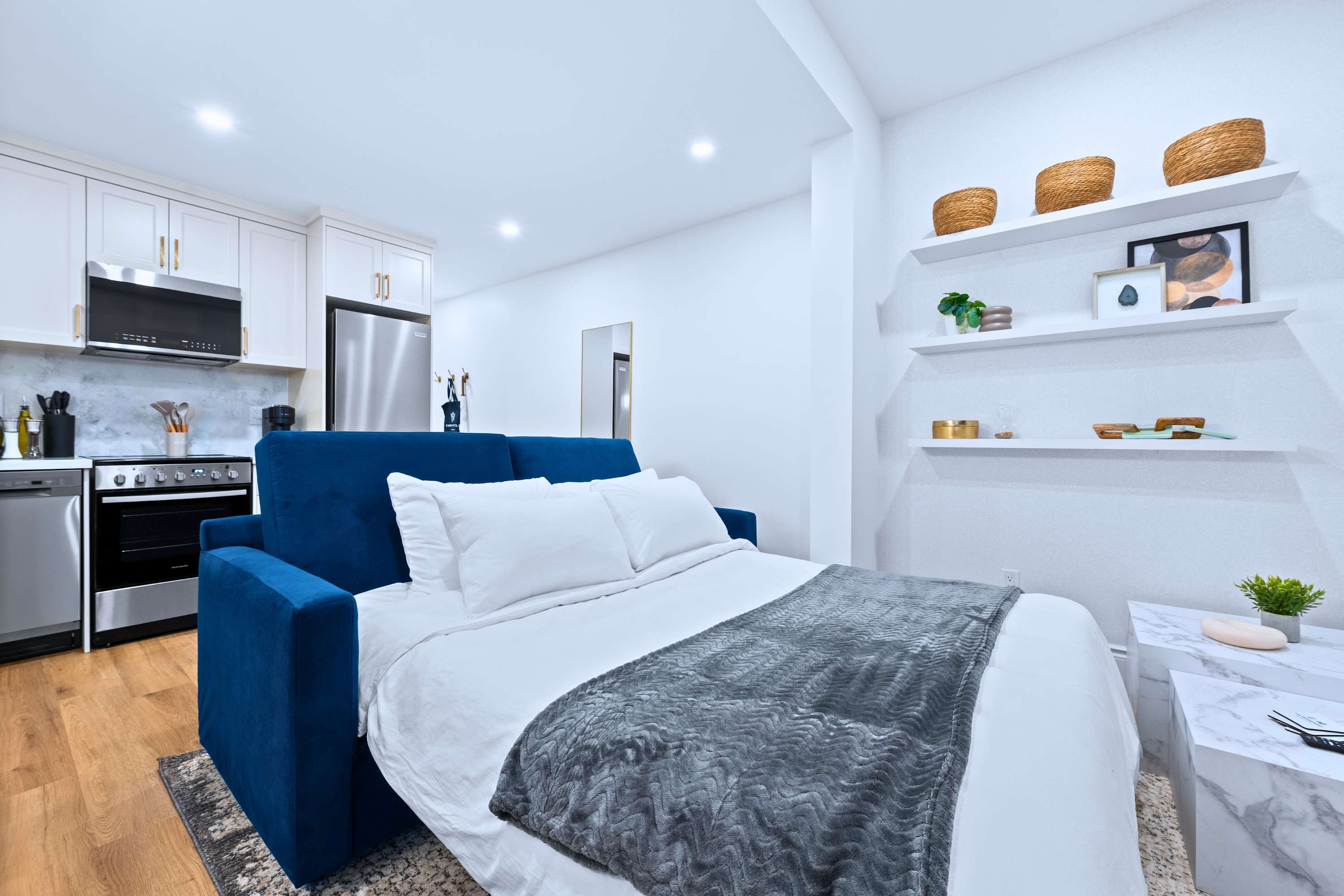 Sleeper sofa that easily converts into a bed for additional sleeping space.