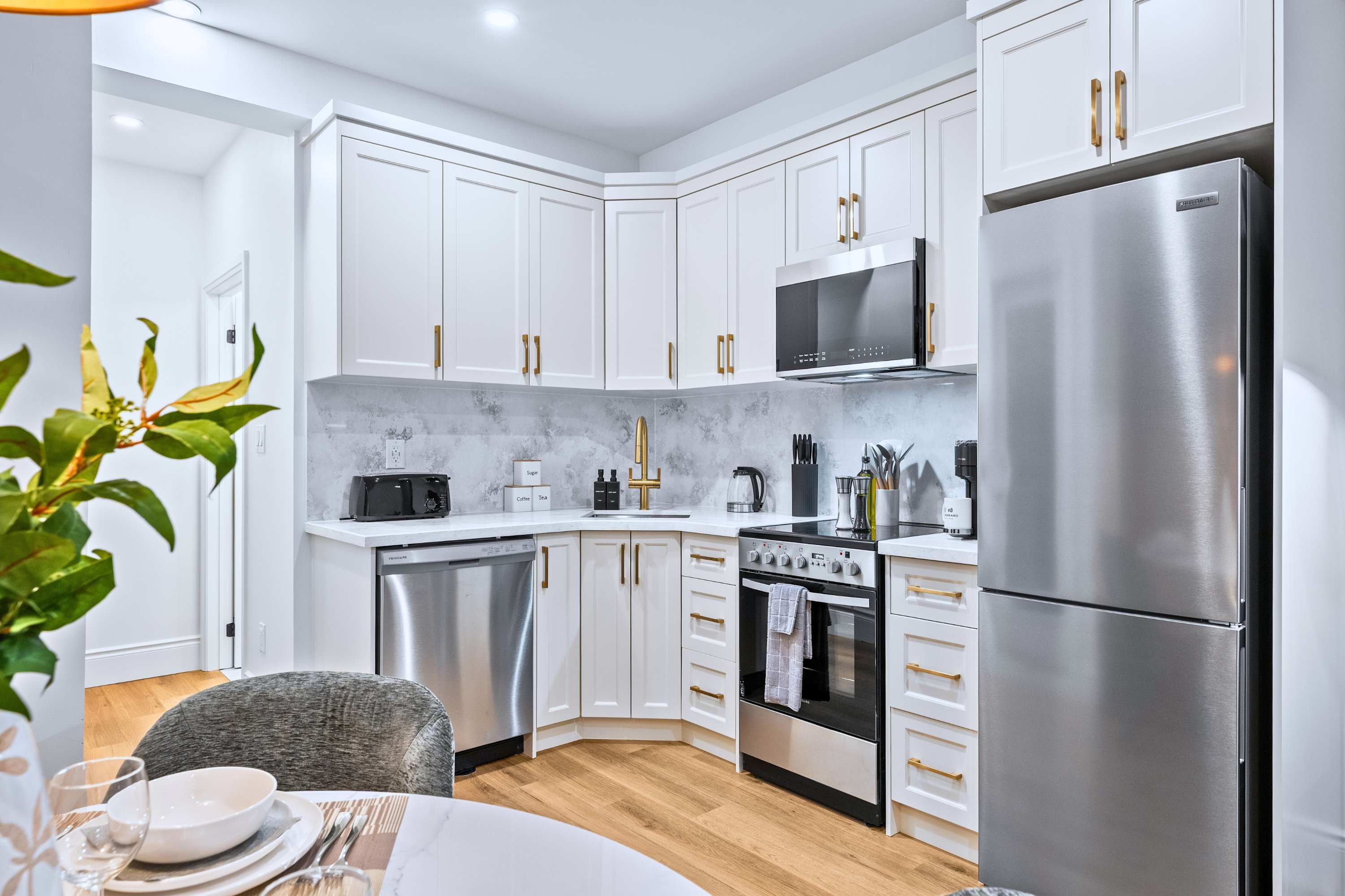 Fully equipped kitchen with essentials for your stay.