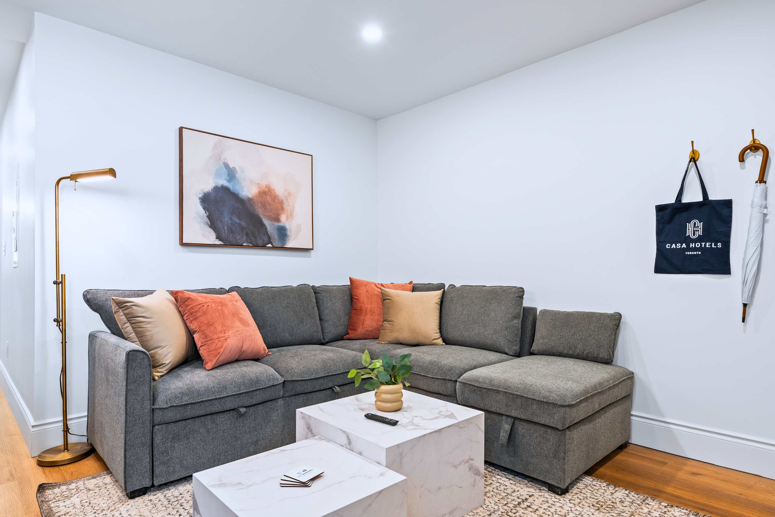 Relaxing living space with a smart sofa bed setup for added guests.