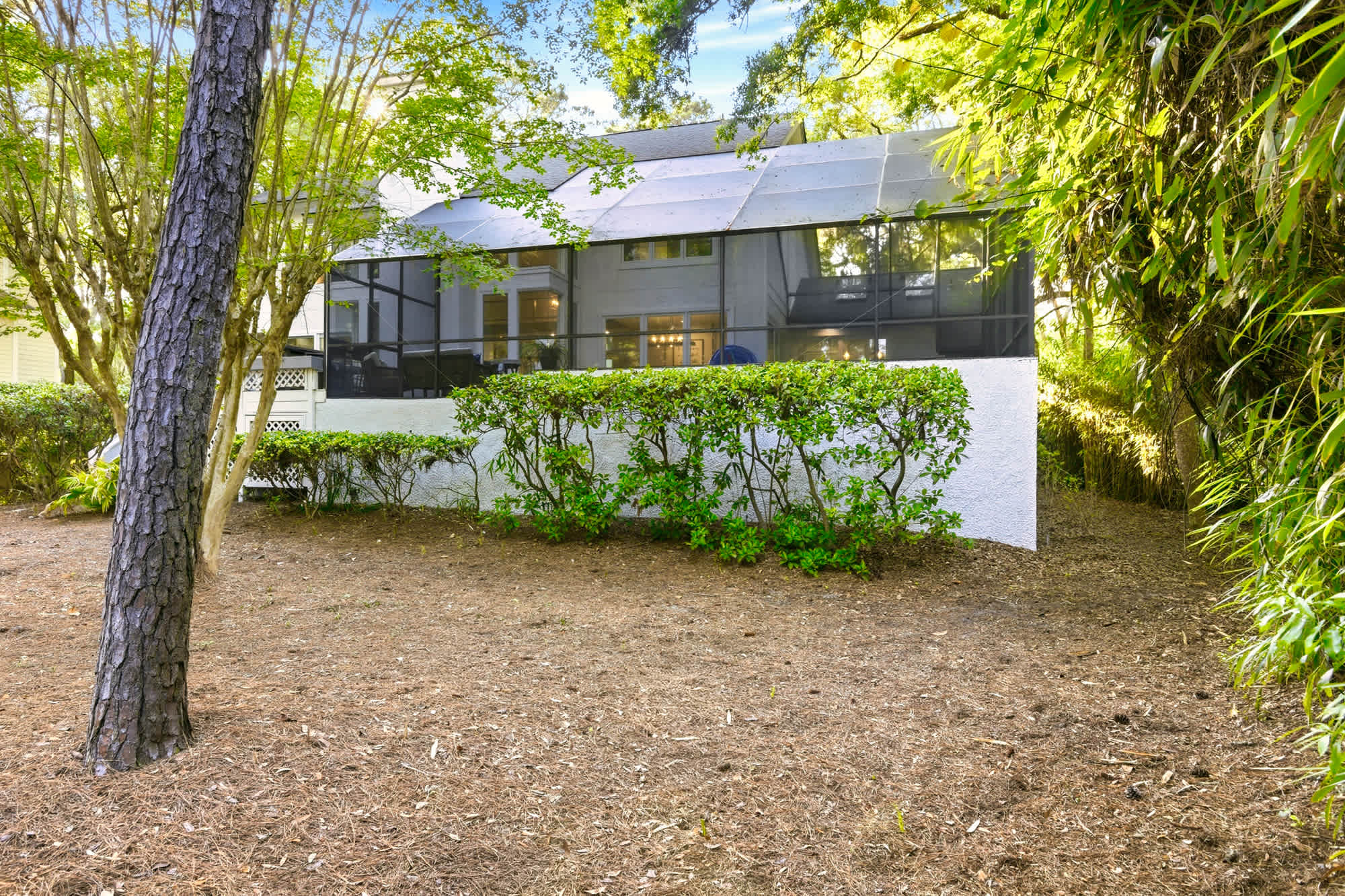 The rear exterior reveals the home's white stucco facade, screened pool enclosure, and a beautifully naturalistic garden setting of pines, palms, and trimmed hedges.