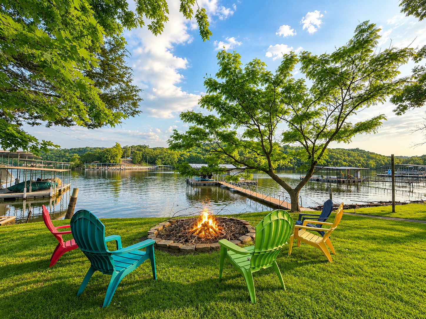 Gather around the crackling firepit & swap stories by the lake​
