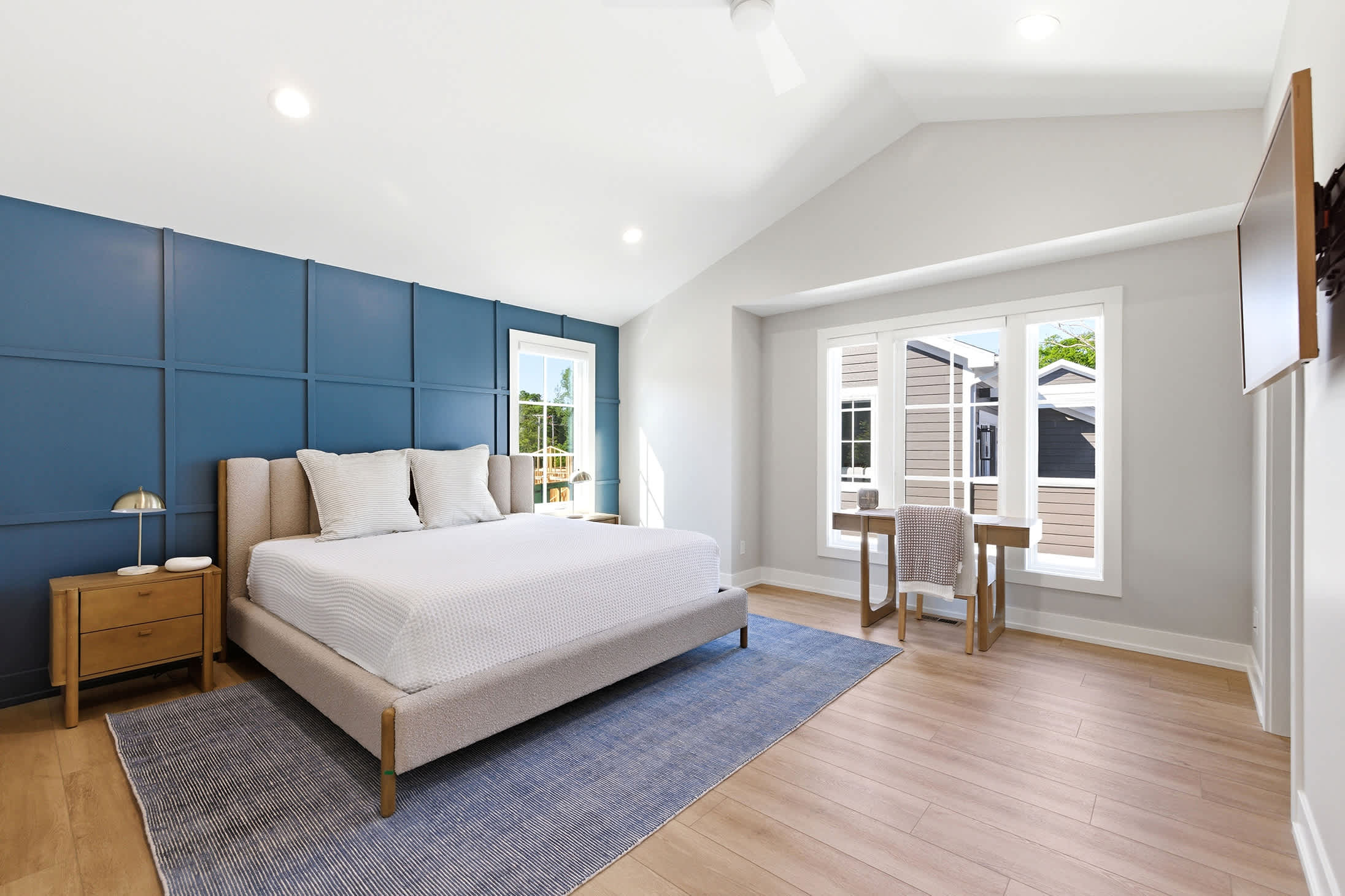 Primary suite with workspace for Harbor Country extended stays.