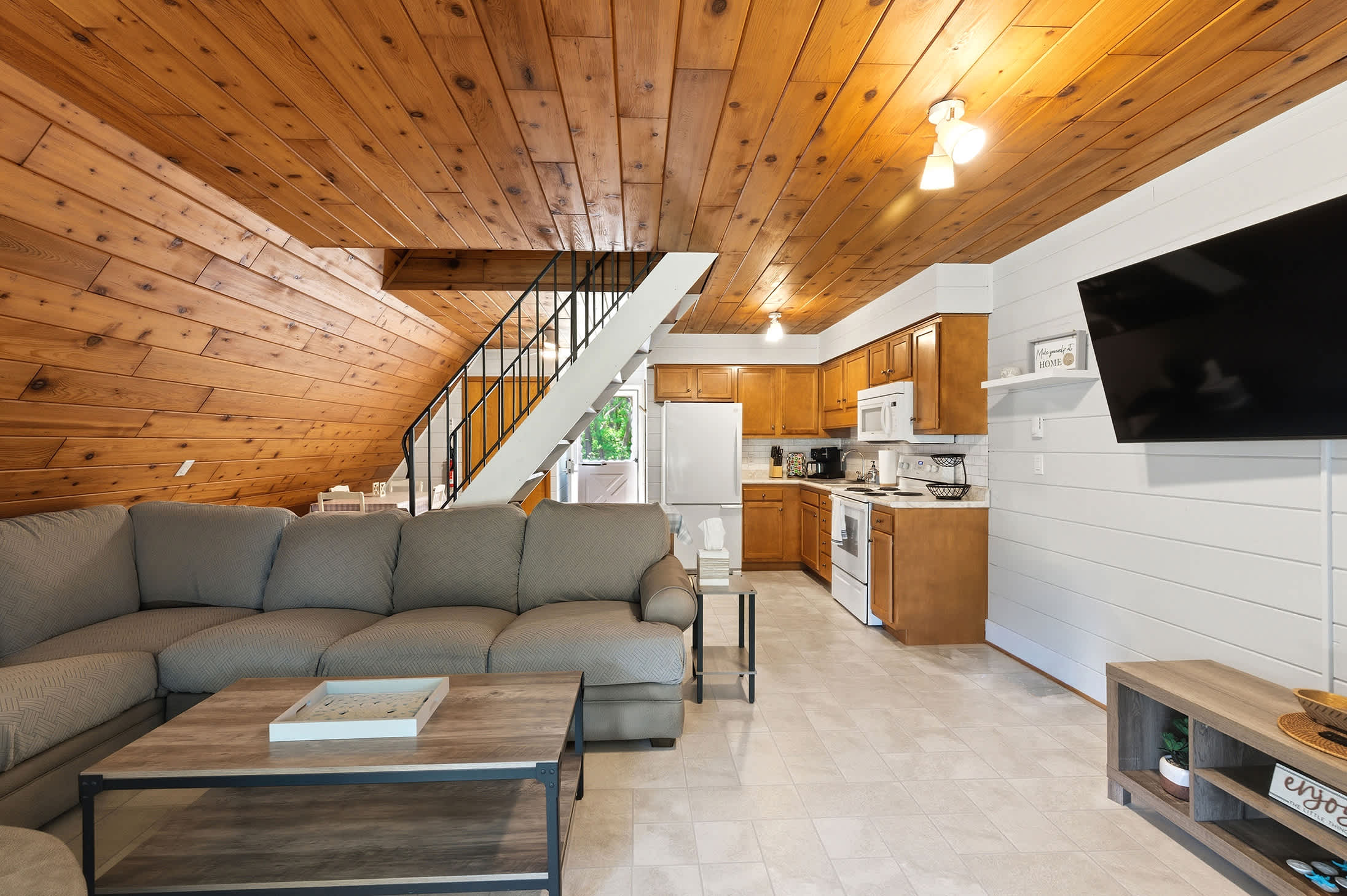 Open living and kitchen area, everything on one floor with easy flow between spaces.