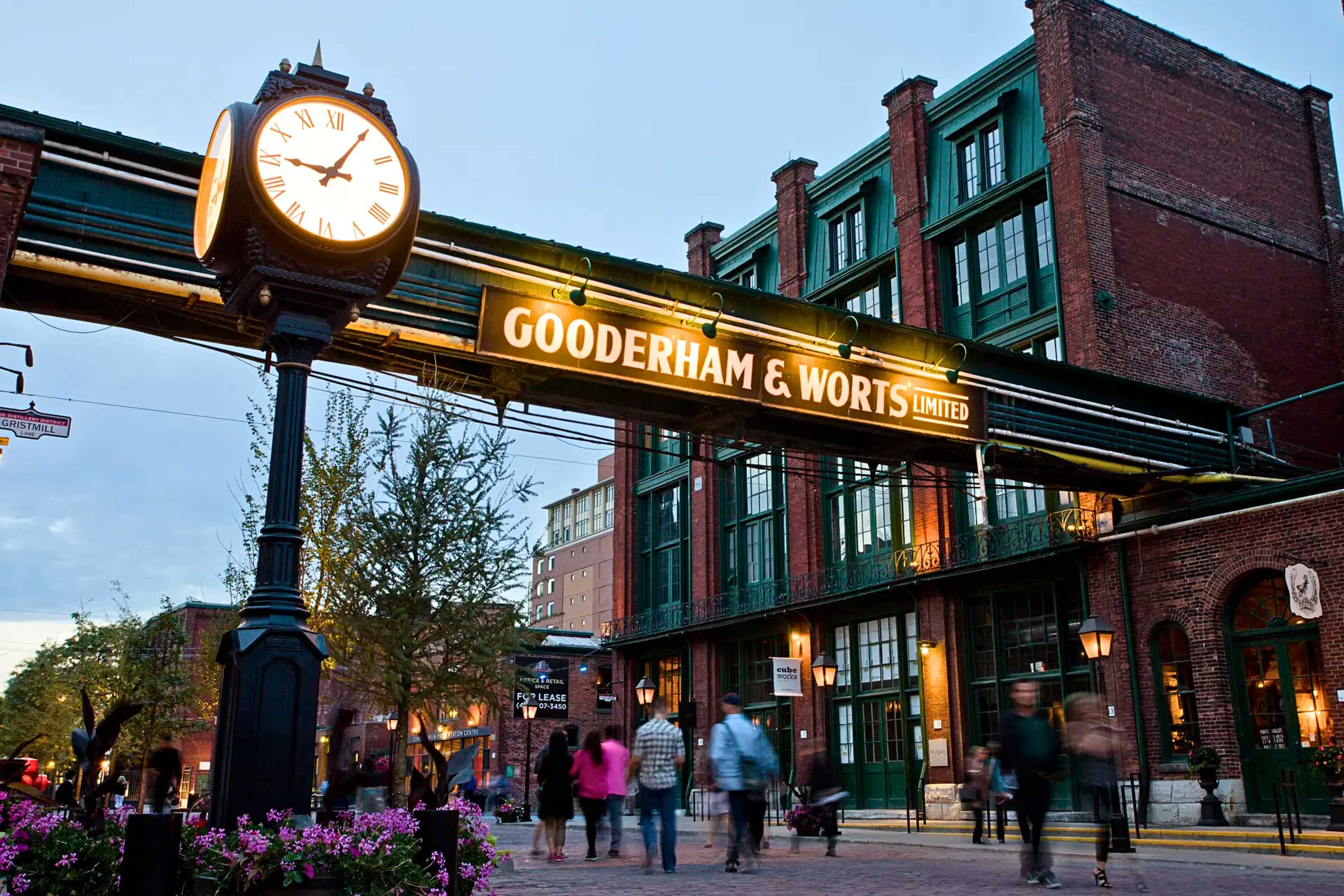 Historic Distillery District featuring the iconic clock tower and cobblestone streets of Toronto