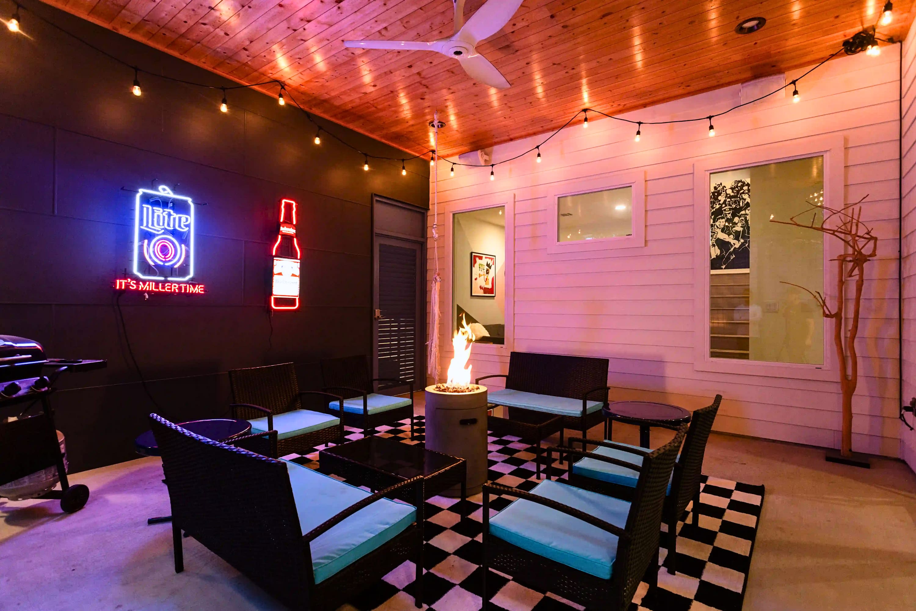 Keep the party going late on the screened patio by the cozy fireplace.