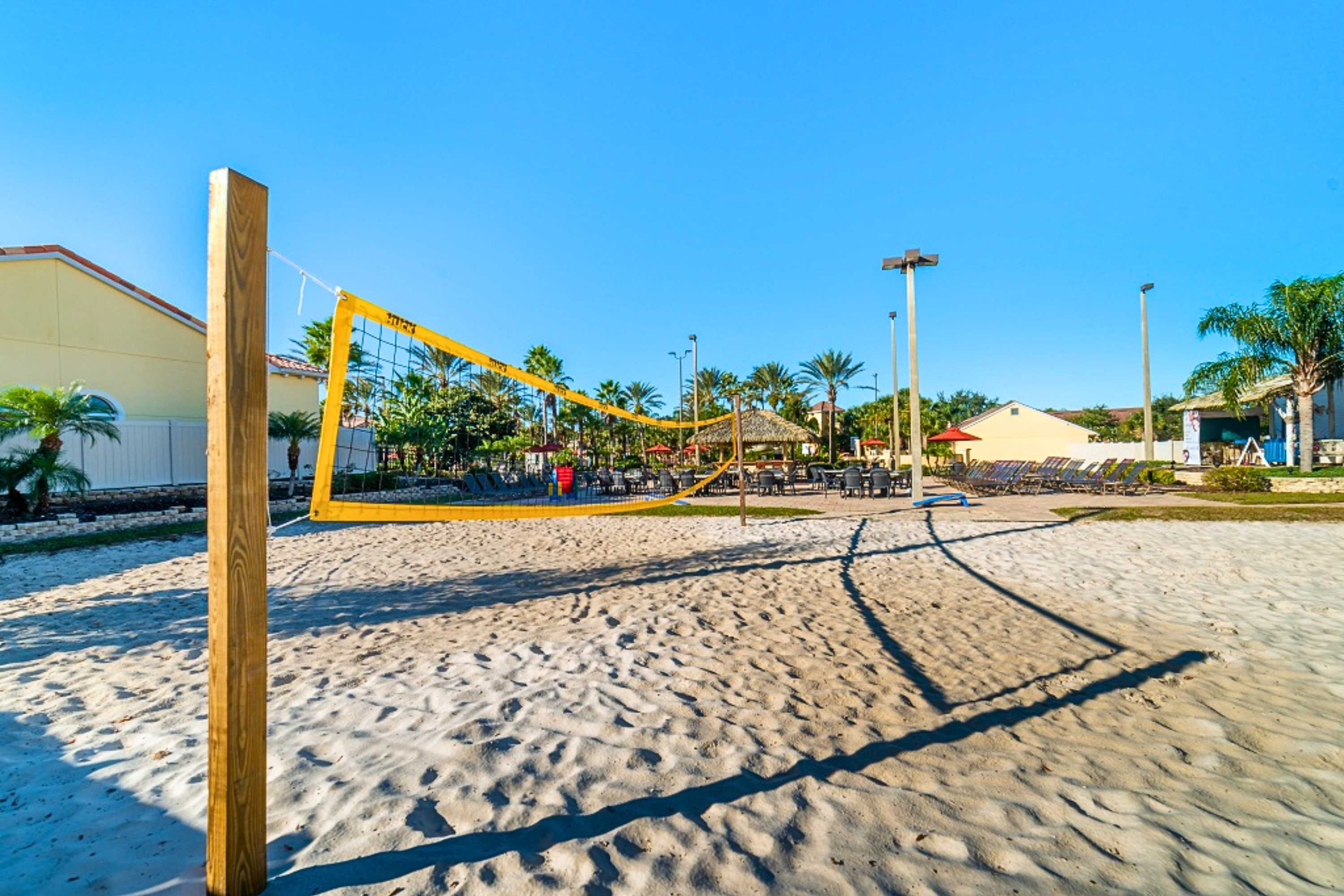 Play a match or join others at the beach volleyball area